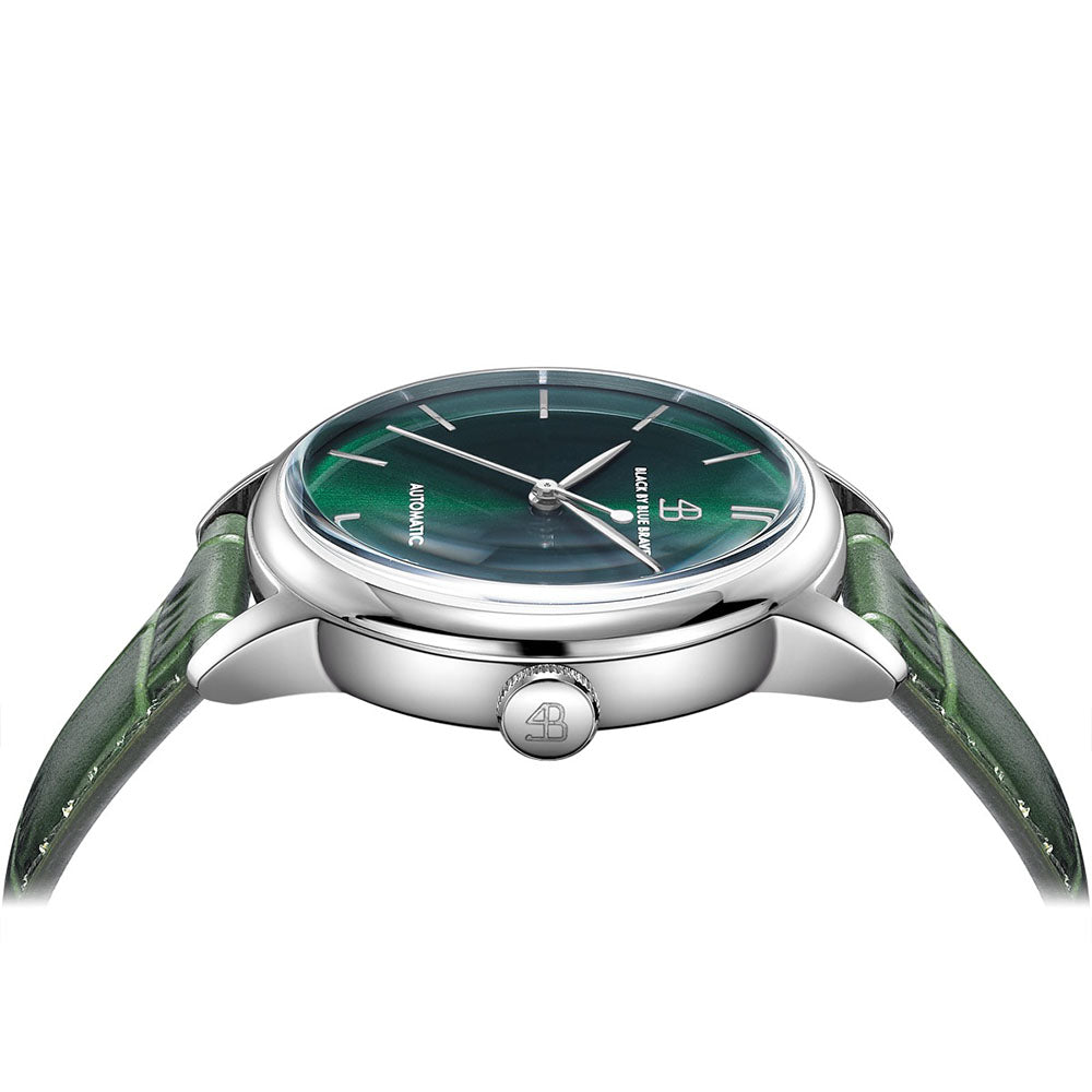 Classic 1986 42mm Green Dial Domed Sapphire Glass Leather Strap Automatic Watch - 4B2205 - side view - Black By Blue Brave