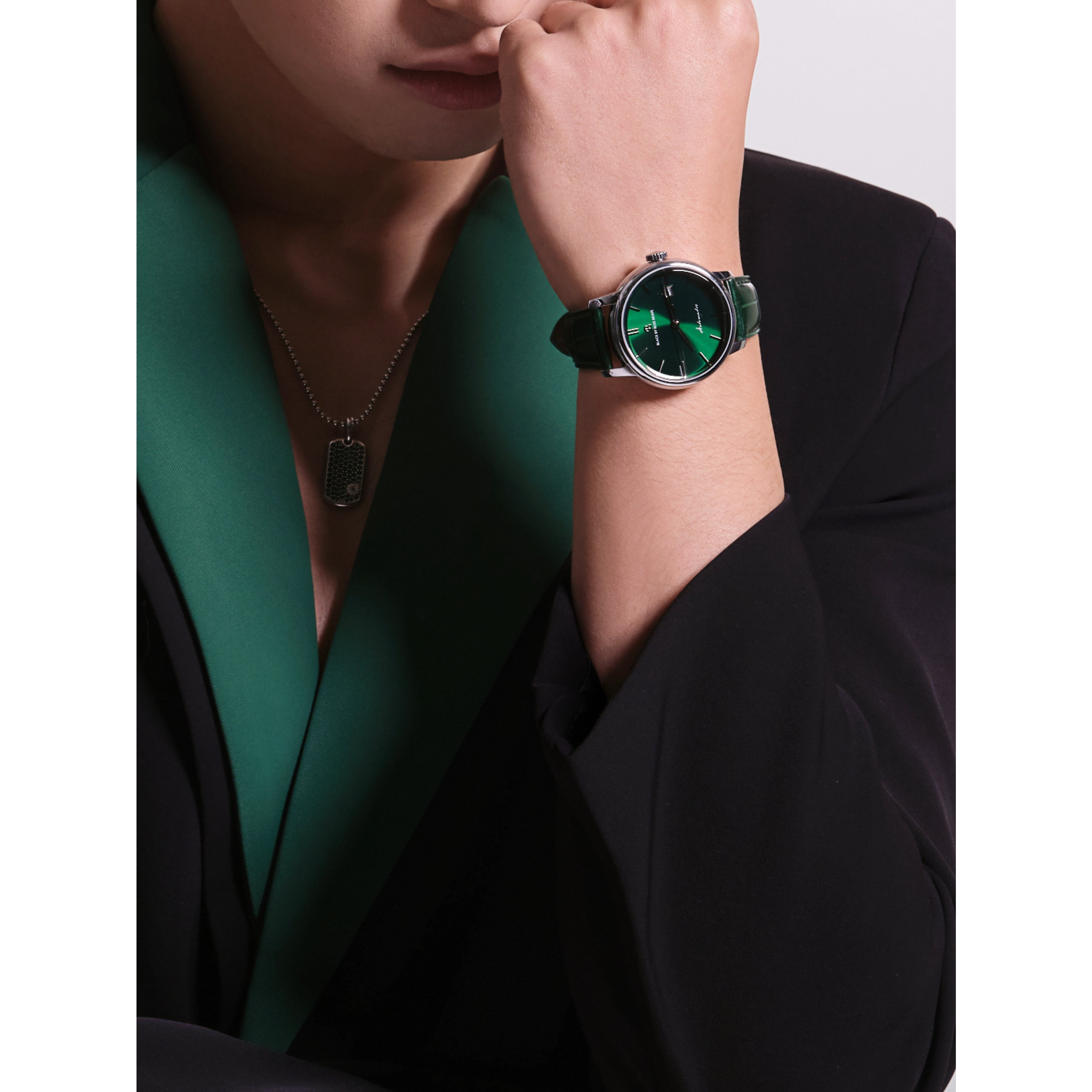 Classic 1986 42mm Green Dial Domed Sapphire Glass Leather Strap Automatic Watch - 4B2205 - wrist - Black By Blue Brave