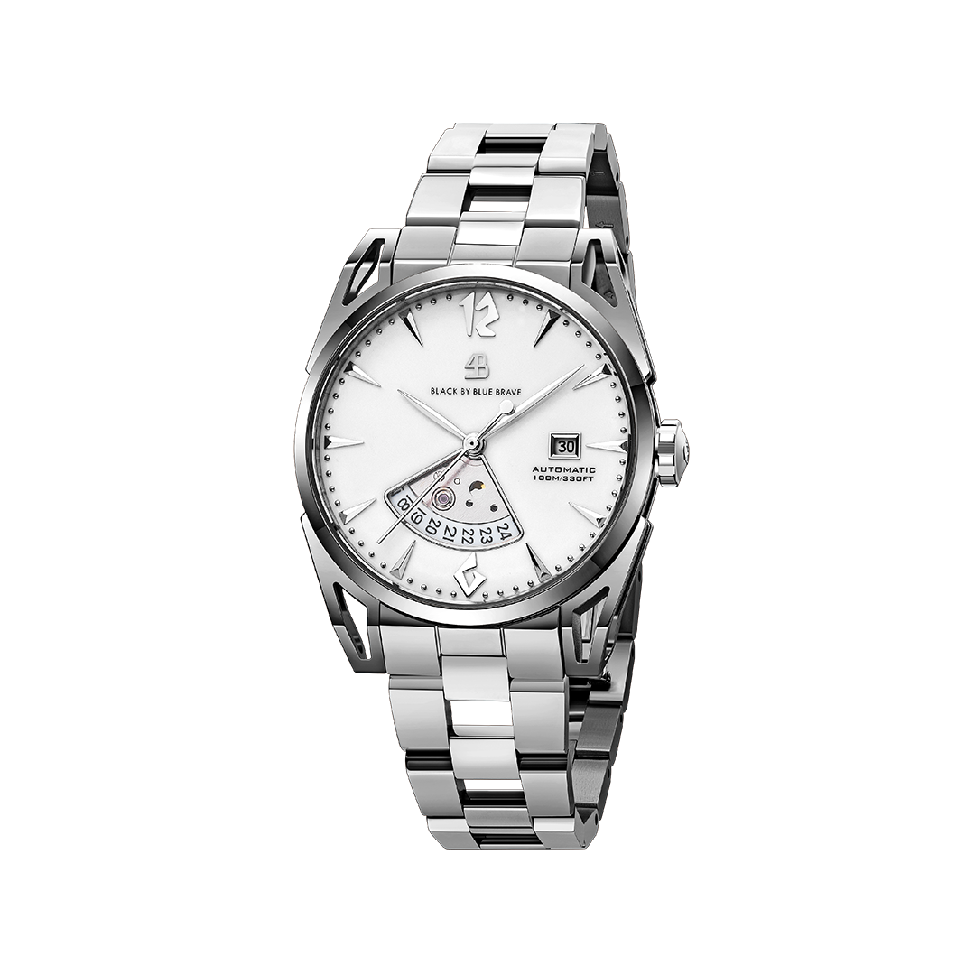 Classic 2024 40mm White Dial Silver Bracelet Automatic Watch - 4B1221 - front - Black By Blue Brave