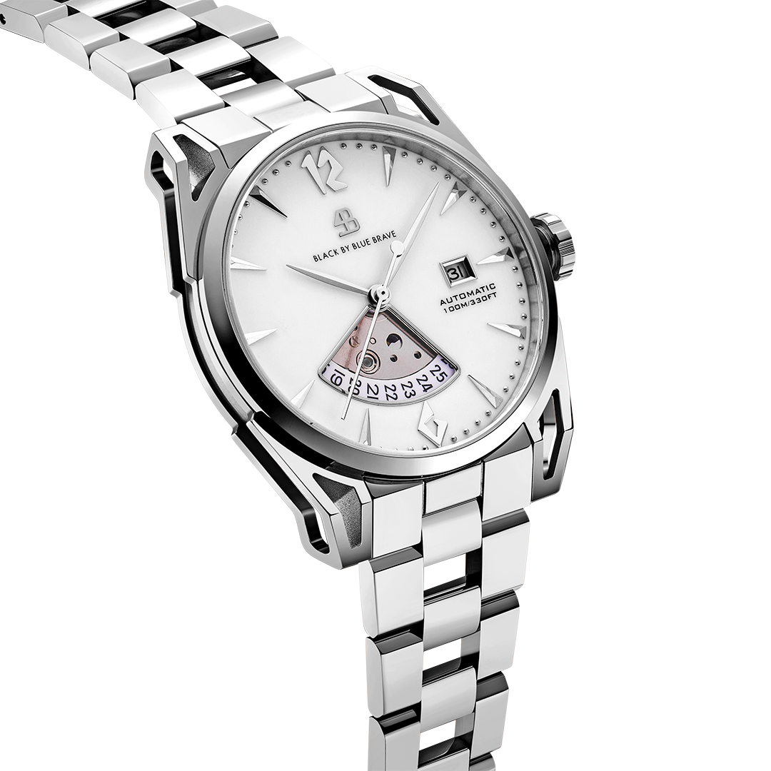 Classic 2024 40mm White Dial Silver Bracelet Automatic Watch - 4B1221 - side view - Black By Blue Brave