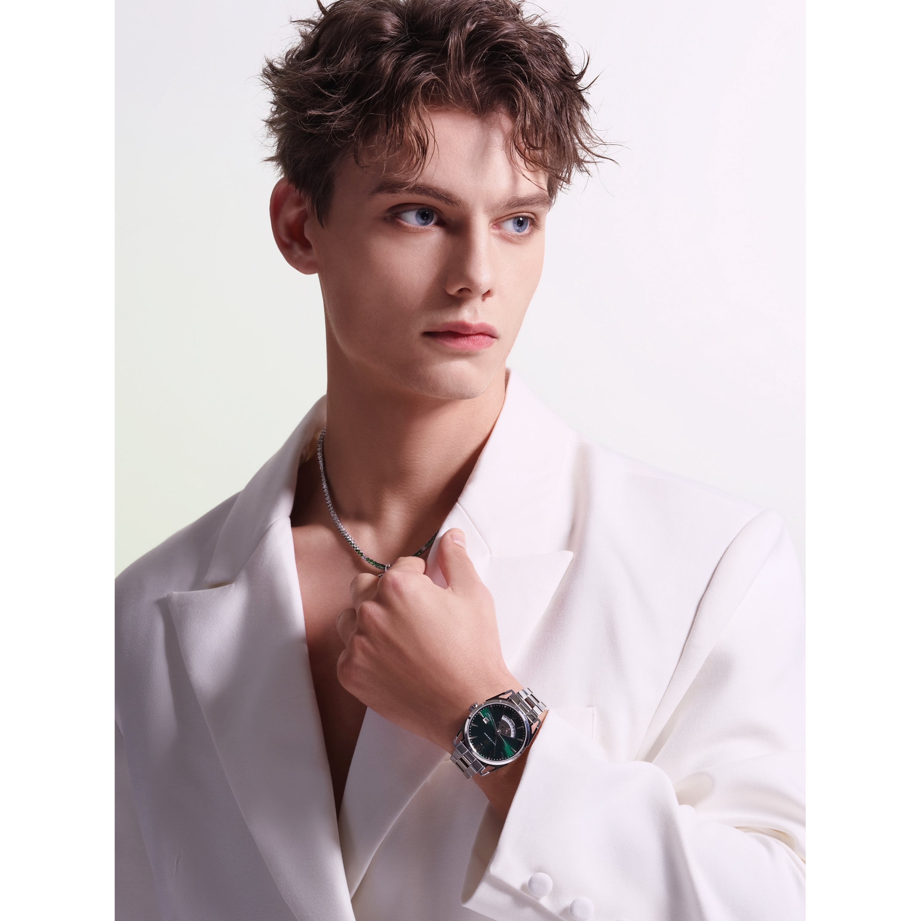 Classic 2024 40mm Green Dial Silver Bracelet Automatic Watch - 4B1224 - Model wearing - Black By Blue Brave