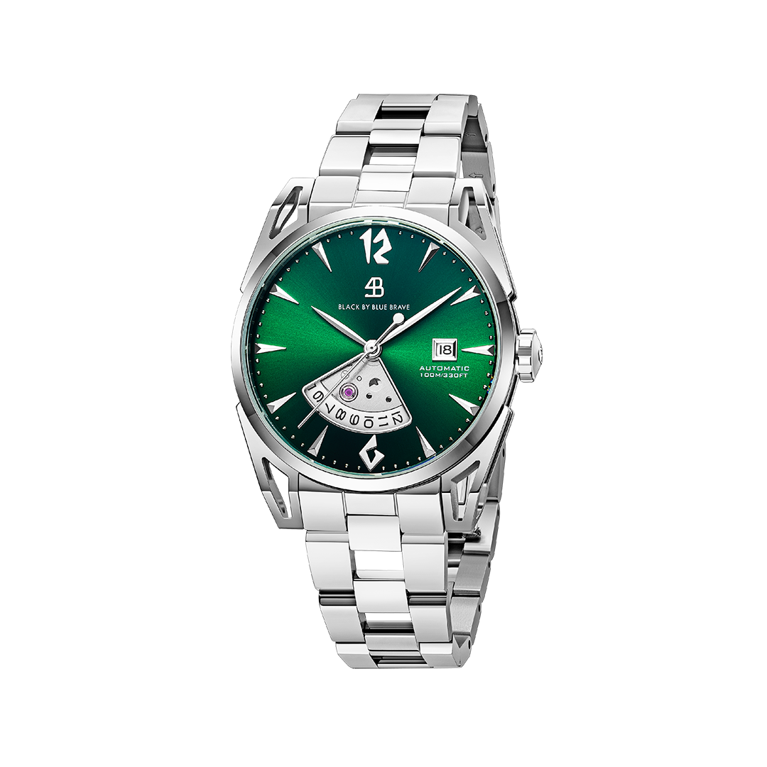 Classic 2024 40mm Green Dial Silver Bracelet Automatic Watch - 4B1224 - front - Black By Blue Brave