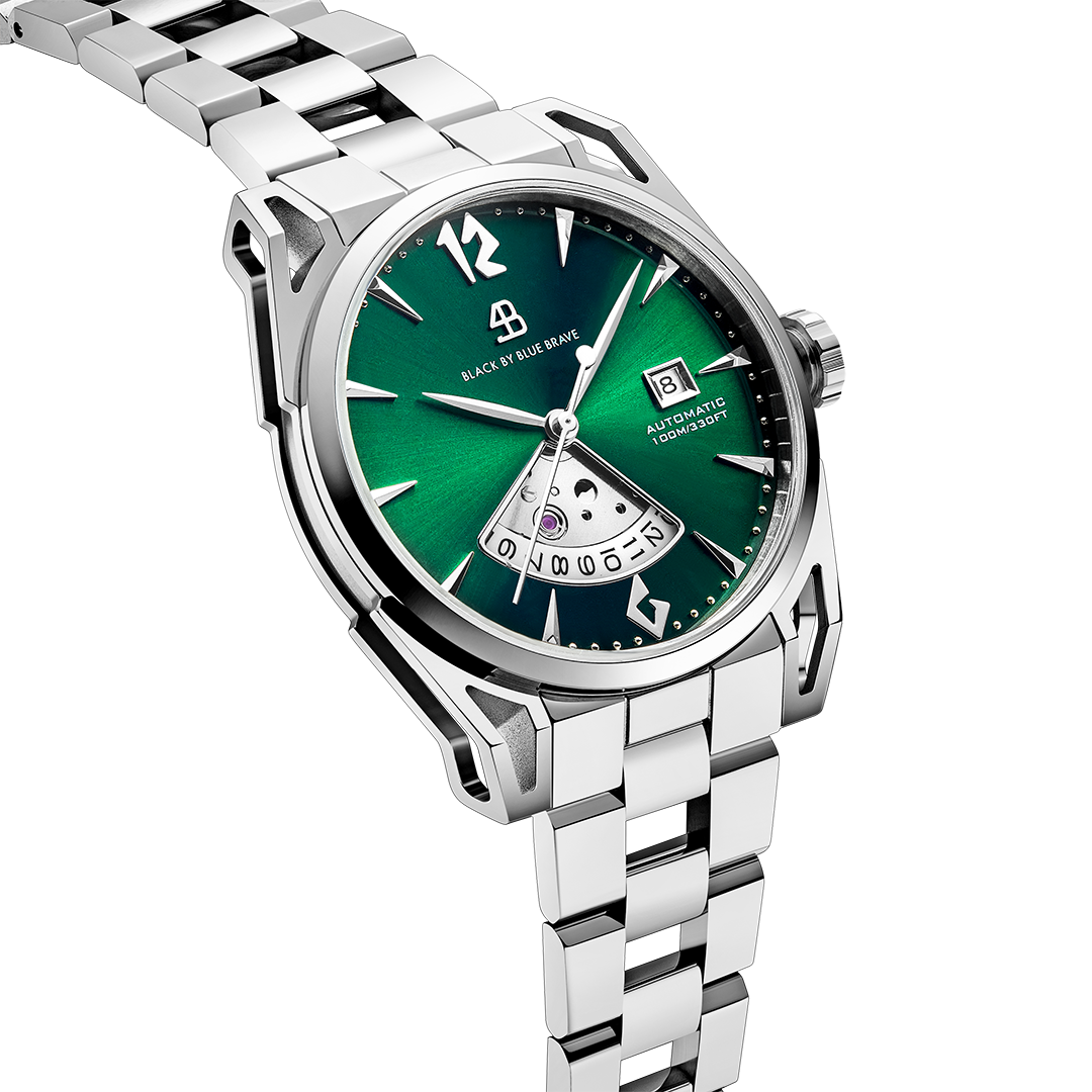 Classic 2024 40mm Green Dial Silver Bracelet Automatic Watch - 4B1224 - side view - Black By Blue Brave