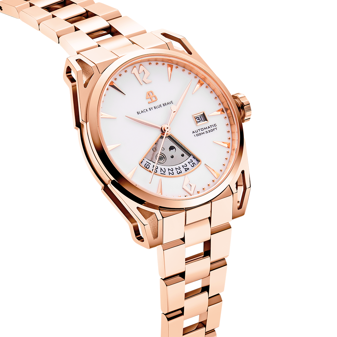 Classic 2024 40mm White Dial Rose Gold Bracelet Automatic Watch - 4B1225 - side view - Black By Blue Brave