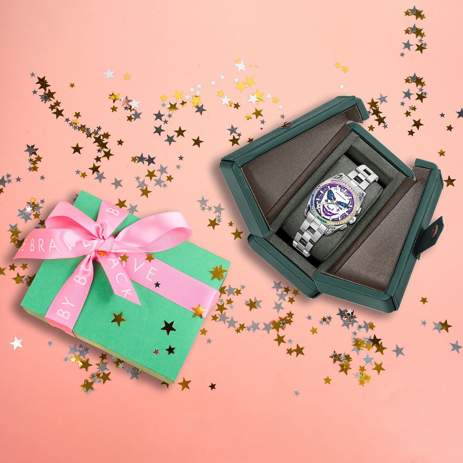 Clown Leo 40mm Chronograph Rainbow Zirconia Dial Silver Bracelet Watch - 4B1227 - Gift Box - Black By Blue Brave