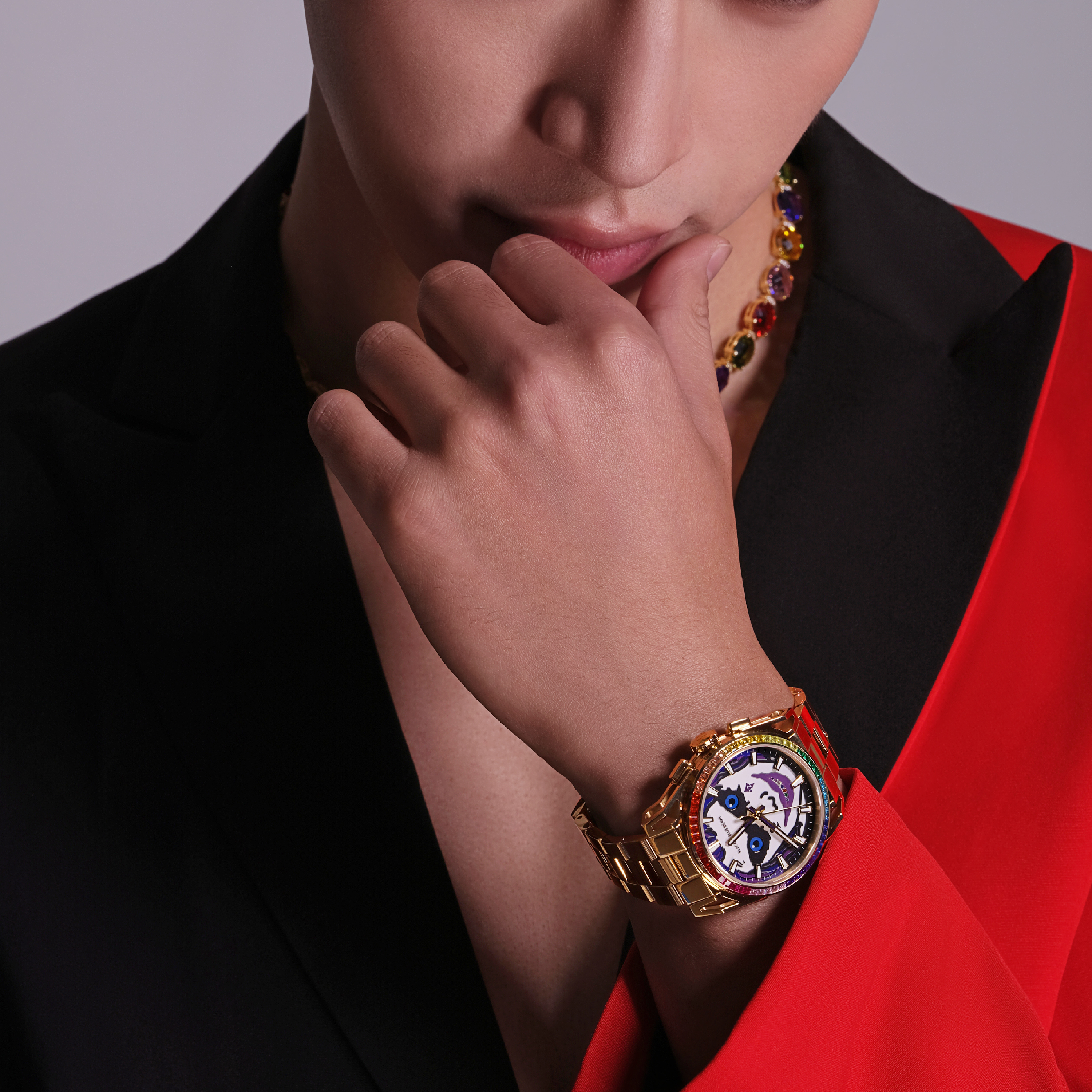 Clown Leo 40mm Chronograph Rainbow Zirconia Dial Gold Bracelet Watch - 4B1228 - Model wearing - Black By Blue Brave