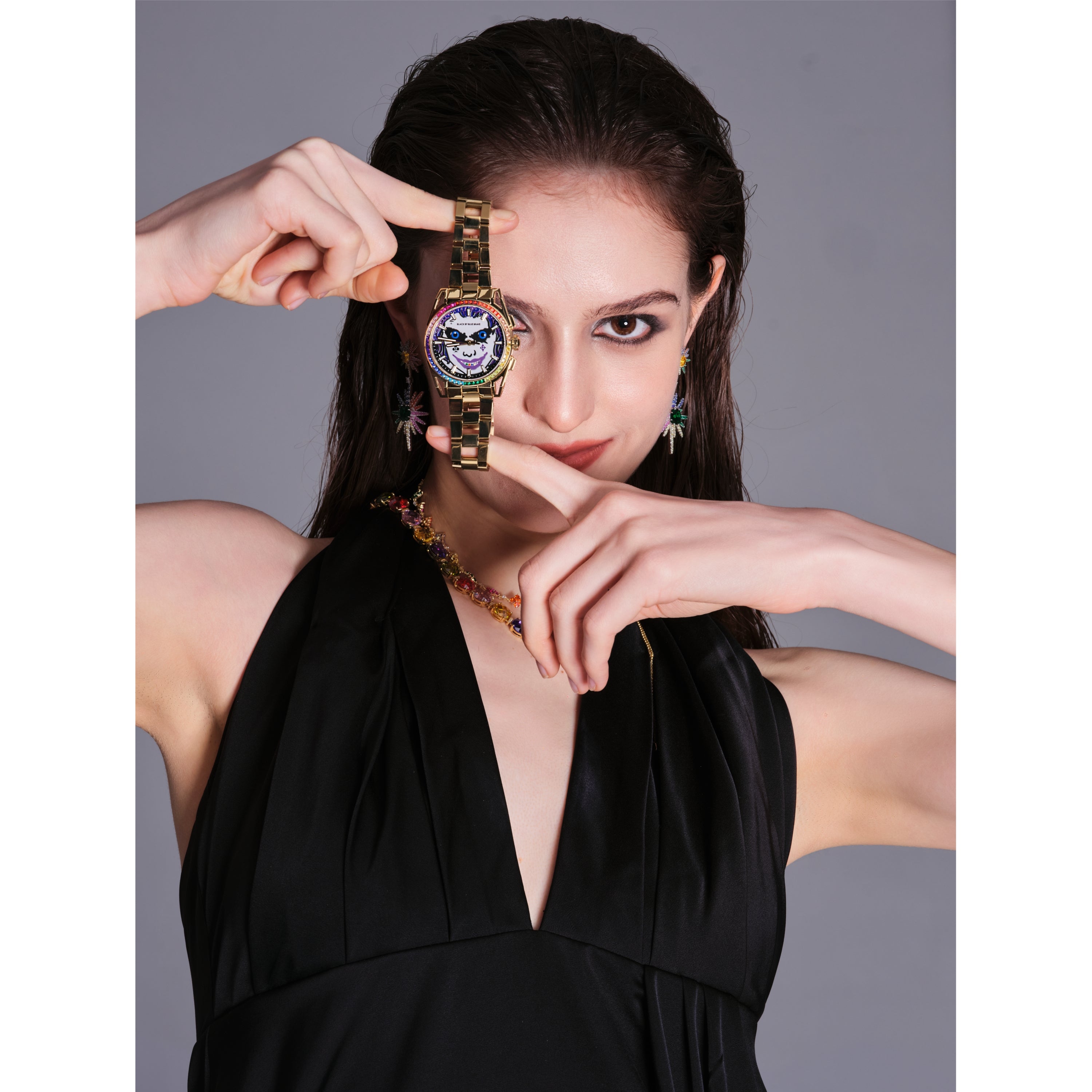 Clown Leo 40mm Chronograph Rainbow Zirconia Dial Gold Bracelet Watch - 4B1228 - Model wearing - Black By Blue Brave