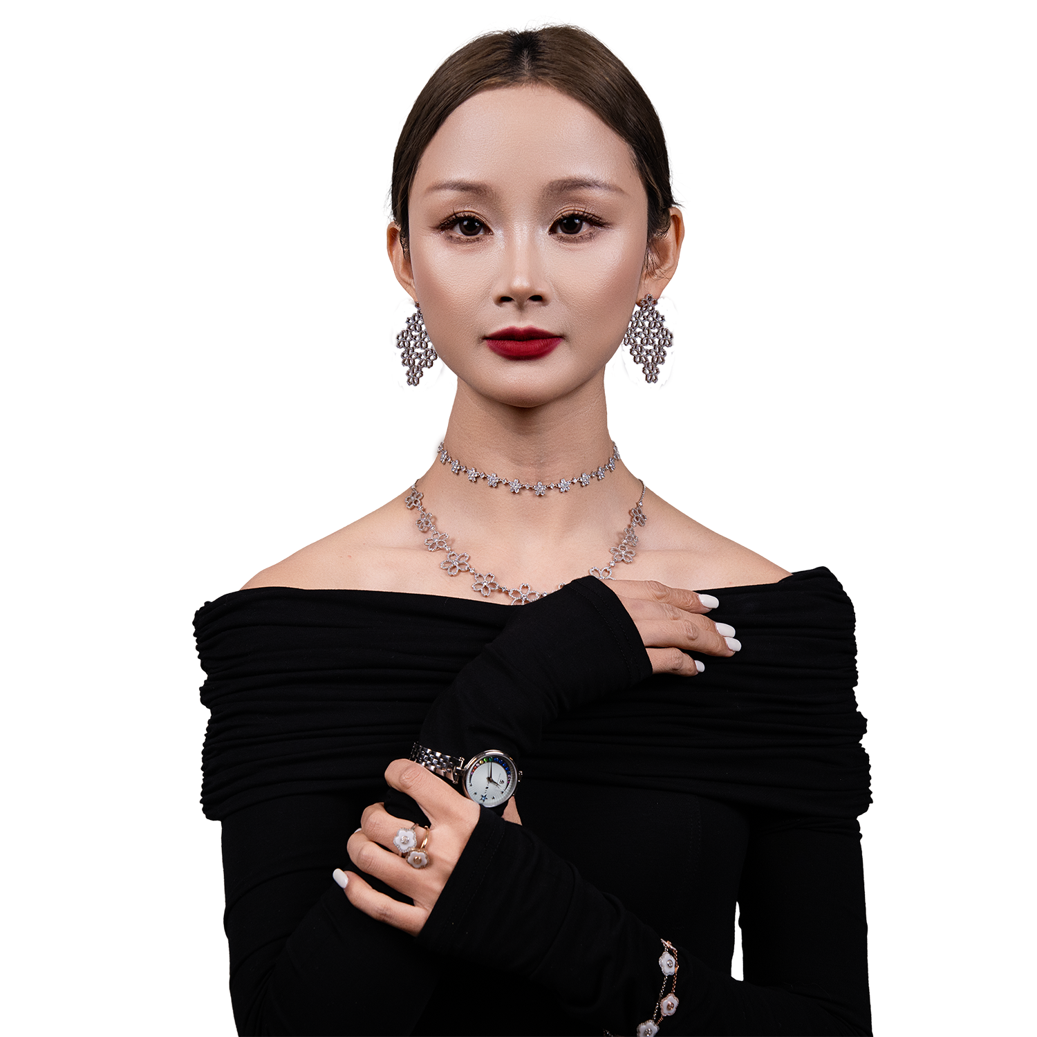 Crescent Moon 32mm Blue Dial Rainbow Cubic Zirconia Silver Bracelet Watch - 4B11125 - Model wearing - Black By Blue Brave