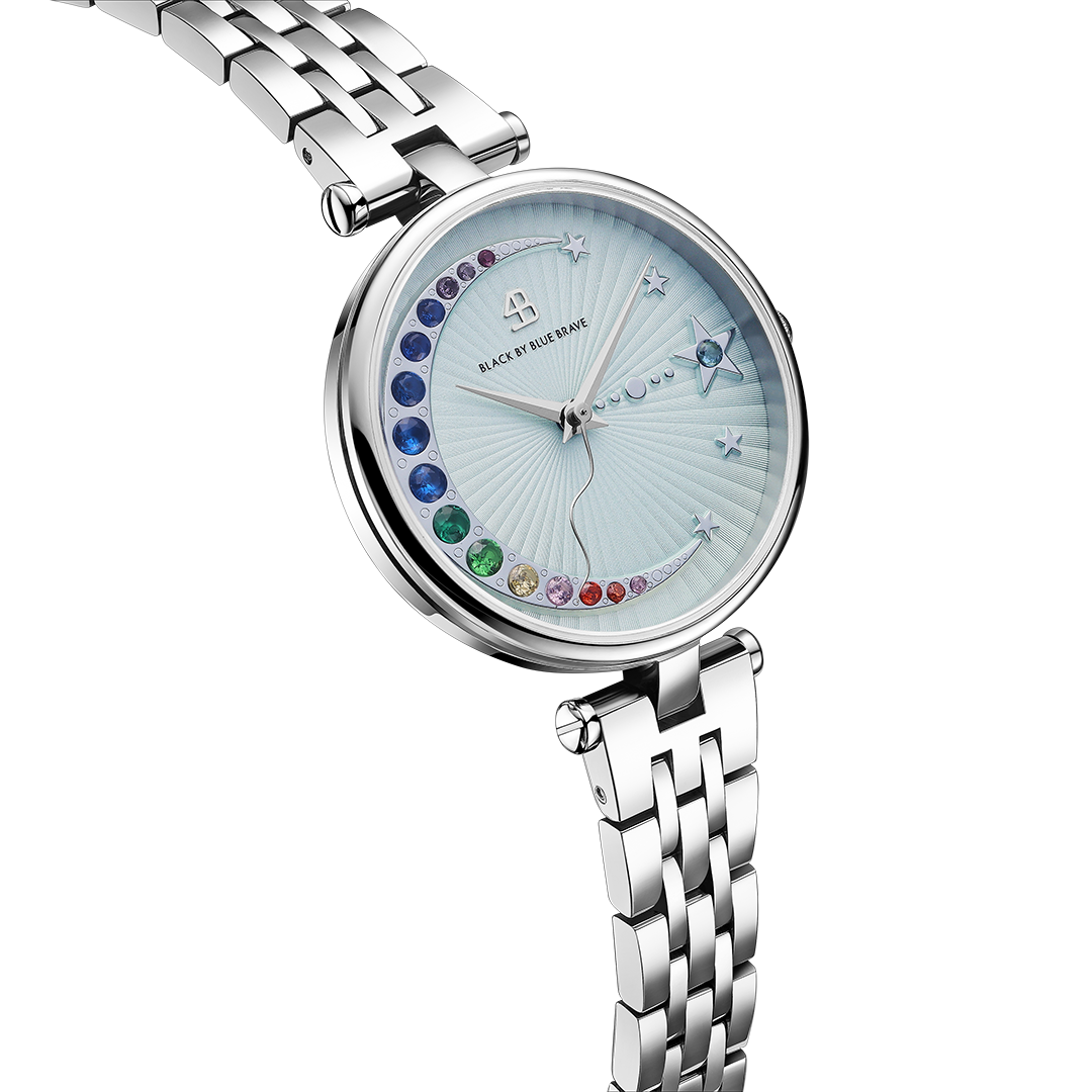 Crescent Moon 32mm Blue Dial Rainbow Cubic Zirconia Silver Bracelet Watch - 4B11125 - side view - Black By Blue Brave