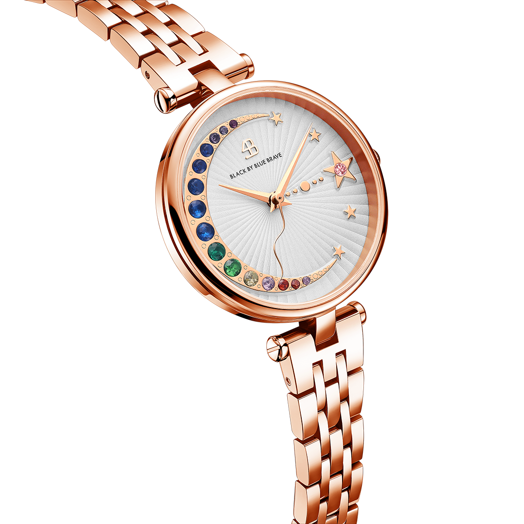 Crescent Moon 32mm White Dial Rainbow Cubic Zirconia Rose Gold Bracelet Watch - 4B11127 - side view - Black By Blue Brave