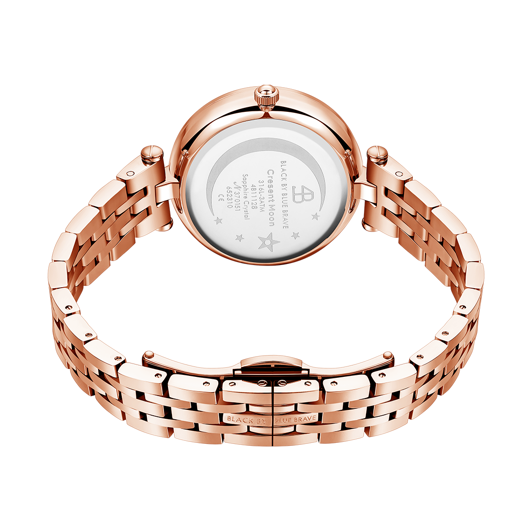 Crescent Moon 32mm Pink Dial Rainbow Cubic Zirconia Rose Gold Bracelet Watch - 4B11128 - Back side - Black By Blue Brave
