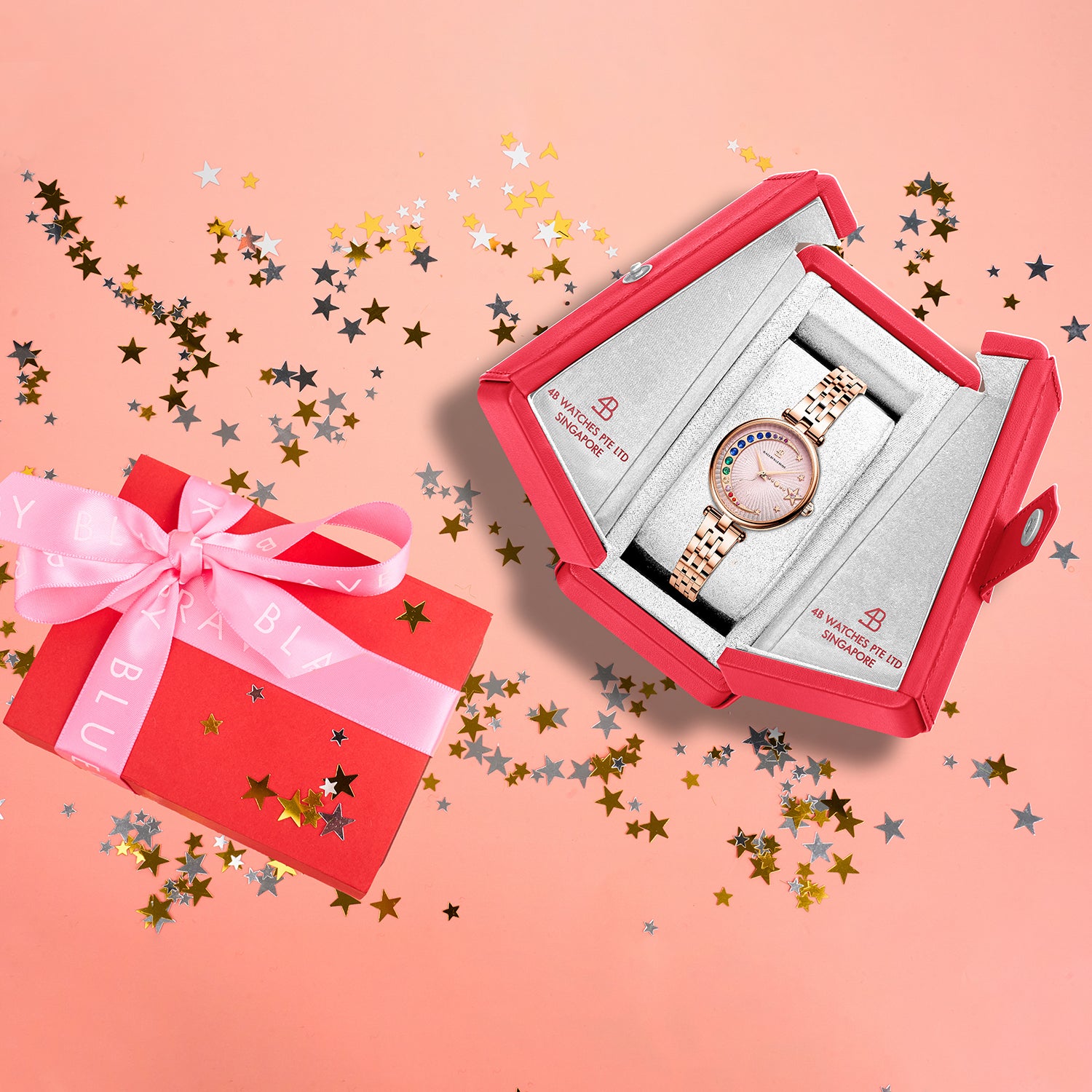 Crescent Moon 32mm Pink Dial Rainbow Cubic Zirconia Rose Gold Bracelet Watch - 4B11128 - Gift Box - Black By Blue Brave