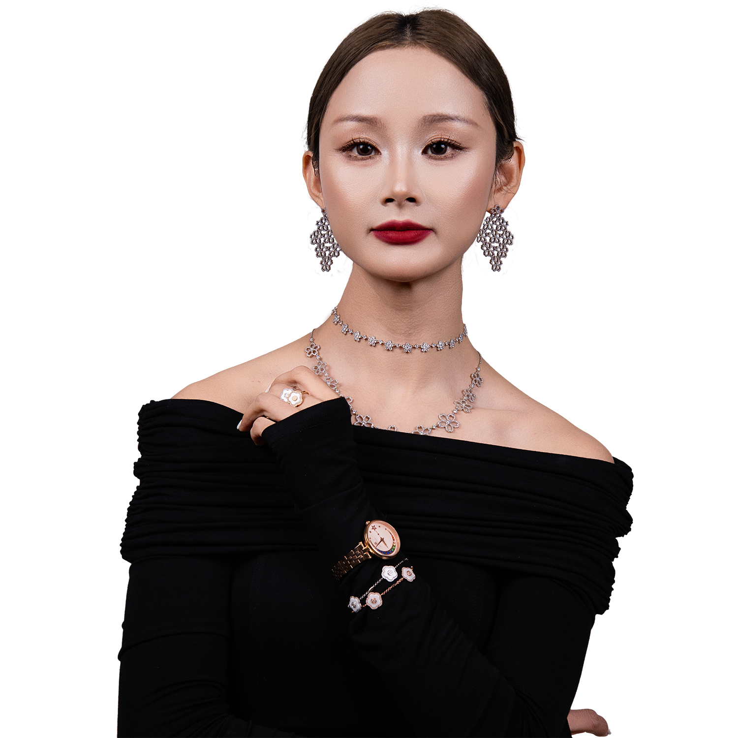 Crescent Moon 32mm Pink Dial Rainbow Cubic Zirconia Rose Gold Bracelet Watch - 4B11128 - Model wearing - Black By Blue Brave