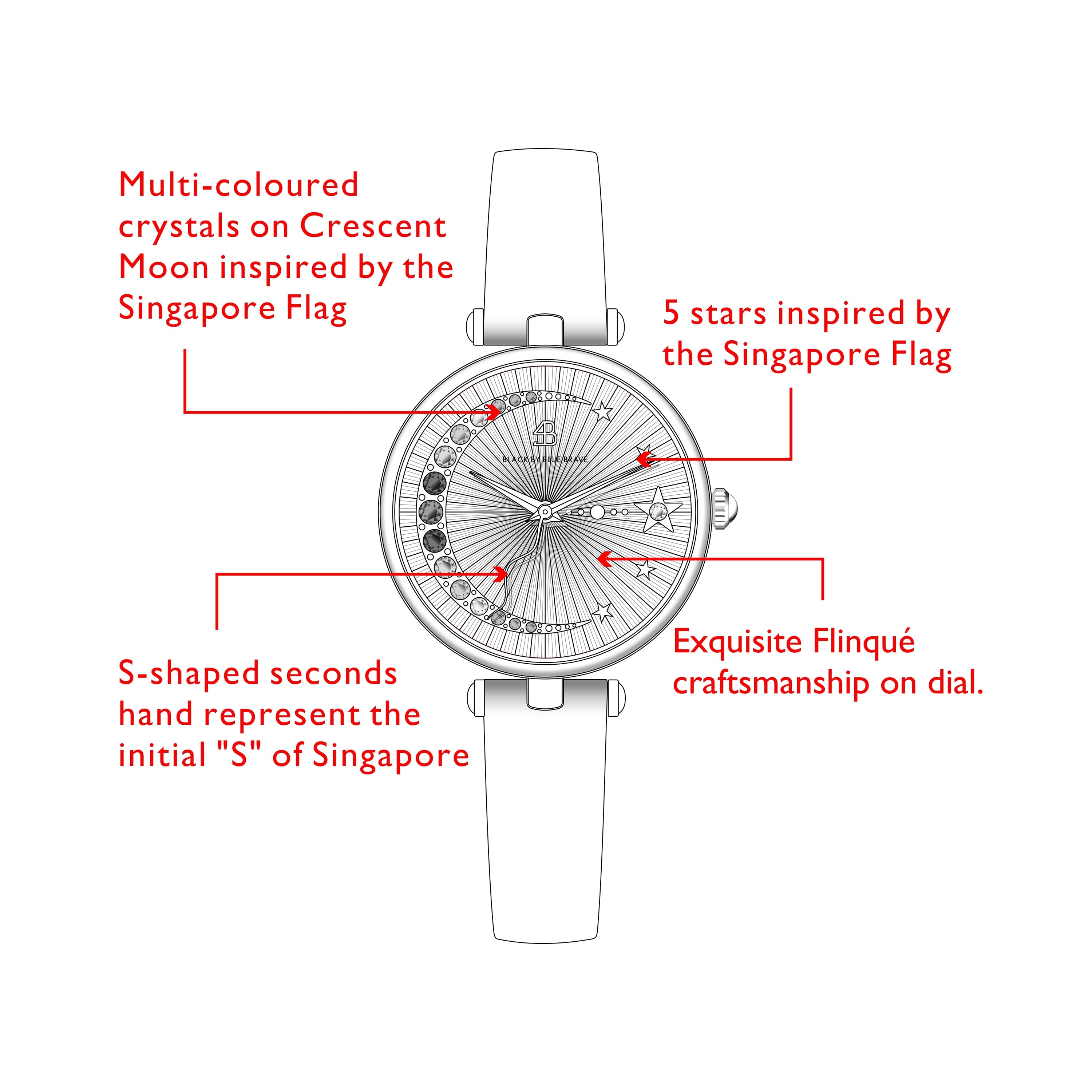 Crescent Moon 28mm Ivory Dial Rainbow Cubic Zirconia Satin Leather Strap Watch - 4B11118 - Selling point - Black By Blue Brave