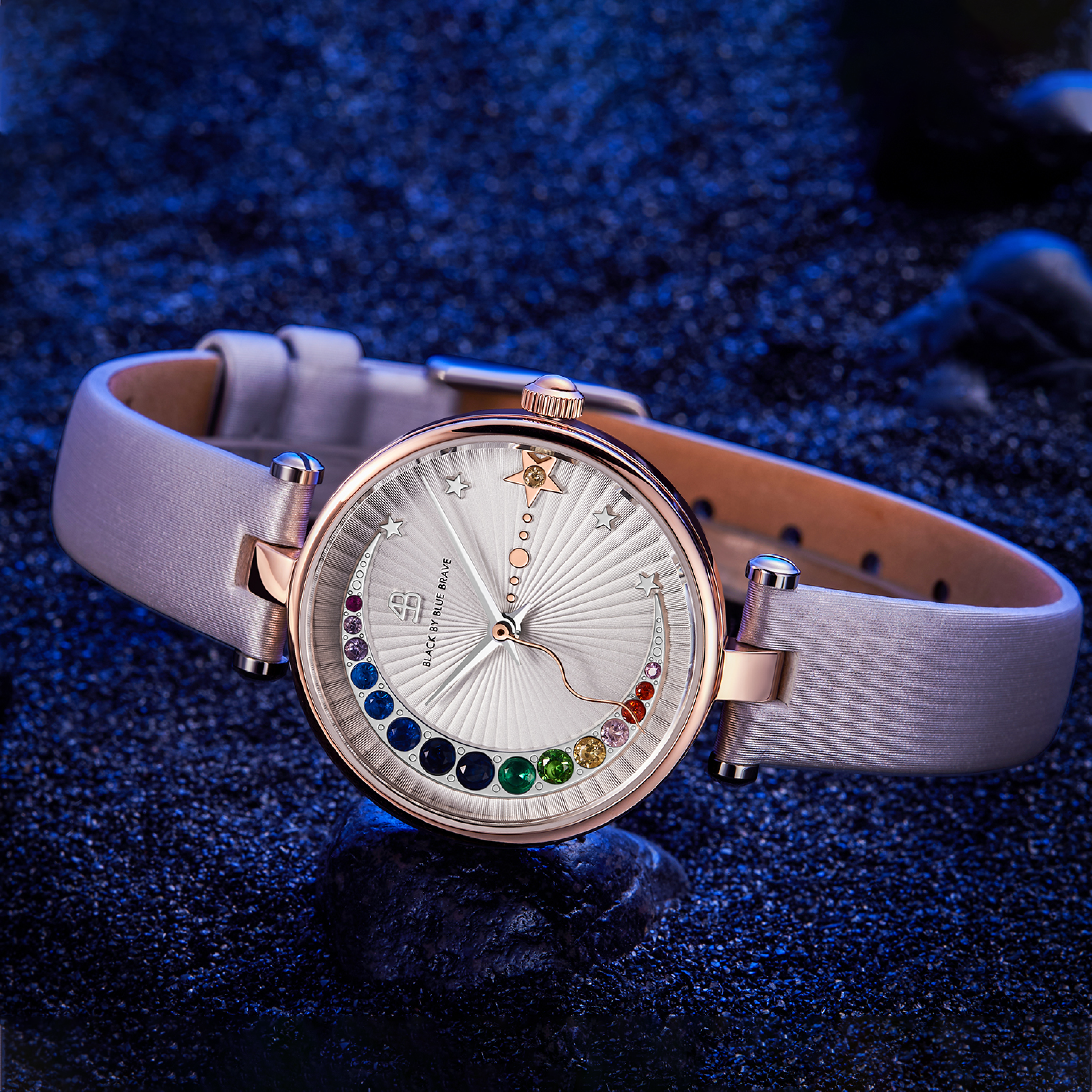 Crescent Moon 28mm Ivory Dial Rainbow Cubic Zirconia Satin Leather Strap Watch - 4B11118 - showcase - Black By Blue Brave