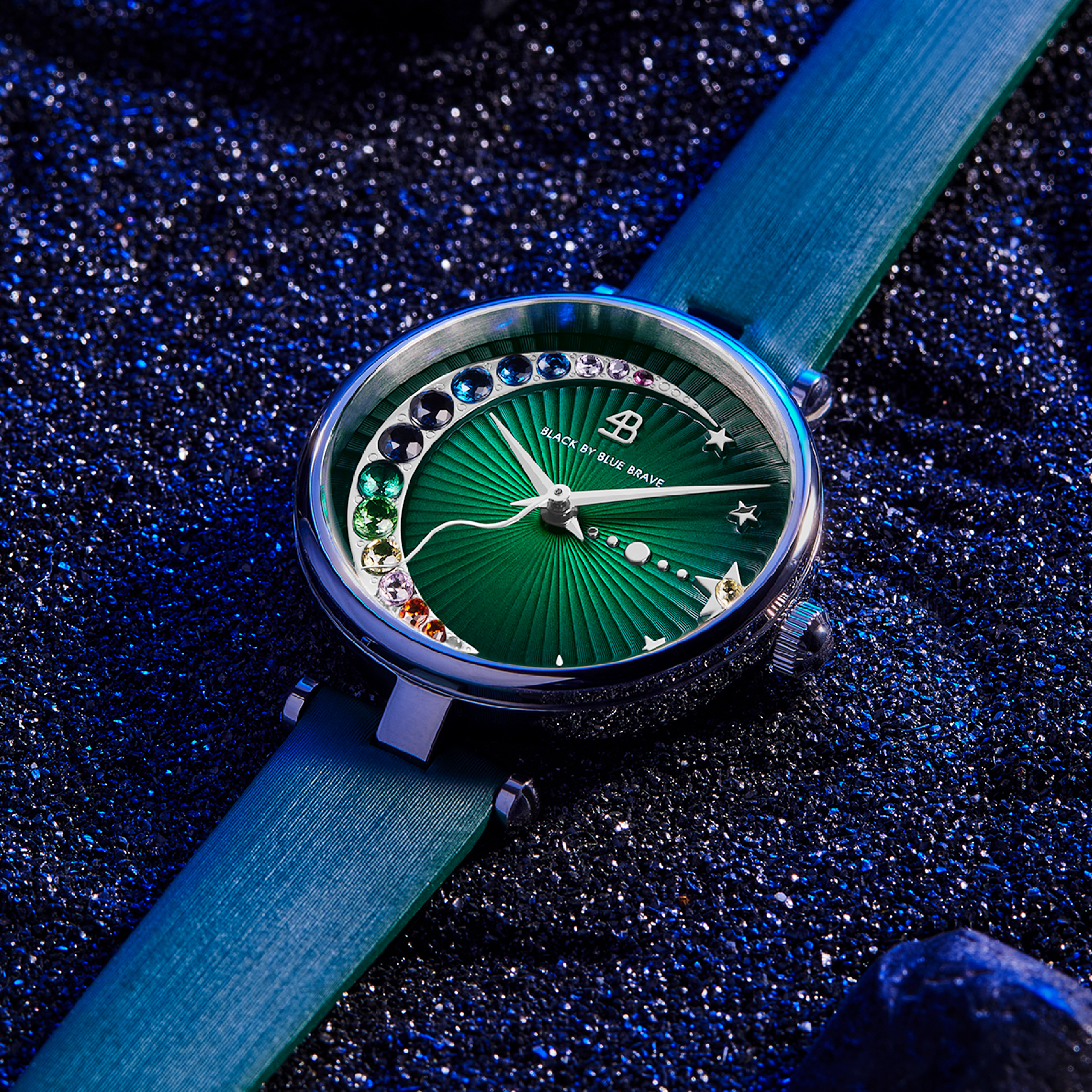 Crescent Moon 28mm Green Dial Rainbow Cubic Zirconia Satin Leather Strap Watch - 4B11119 - showcase - Black By Blue Brave