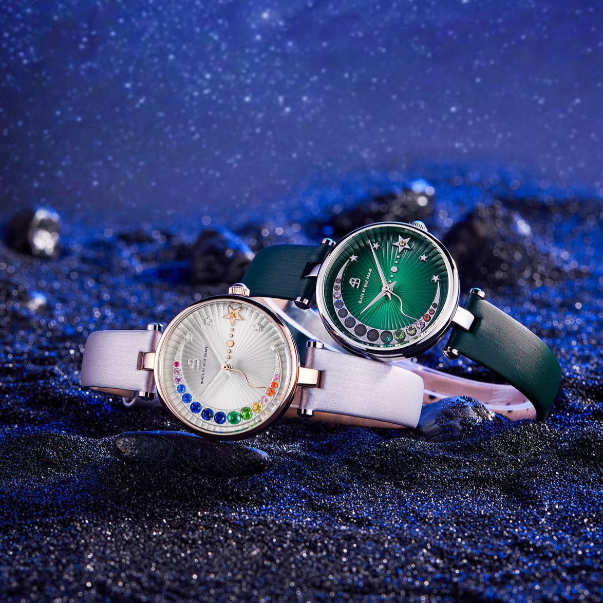 Crescent Moon 28mm Green Dial Rainbow Cubic Zirconia Satin Leather Strap Watch - 4B11119 - showcase - Black By Blue Brave