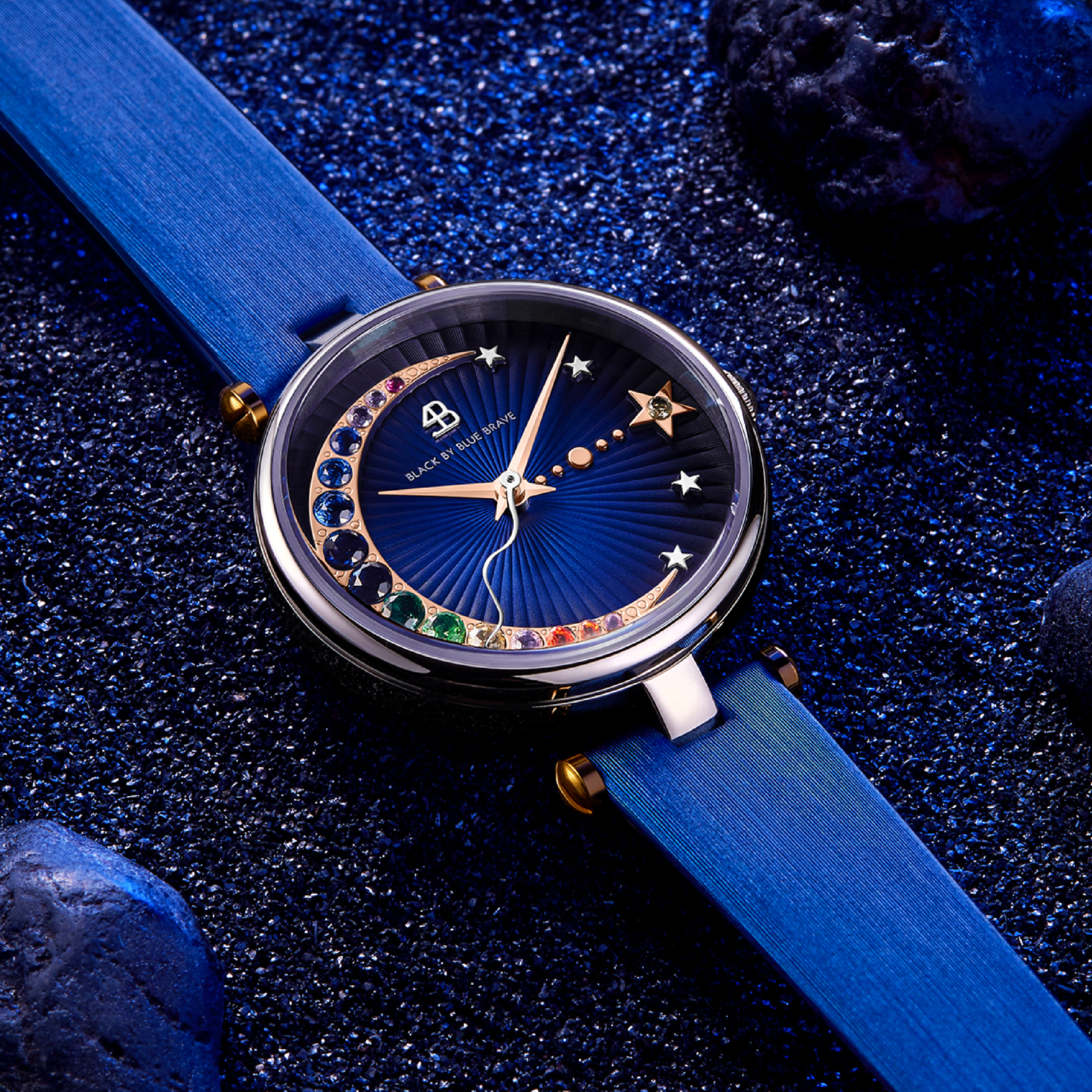 Crescent Moon 28mm Blue Dial Rainbow Cubic Zirconia Satin Leather Strap Watch - 4B11120 - showcase - Black By Blue Brave