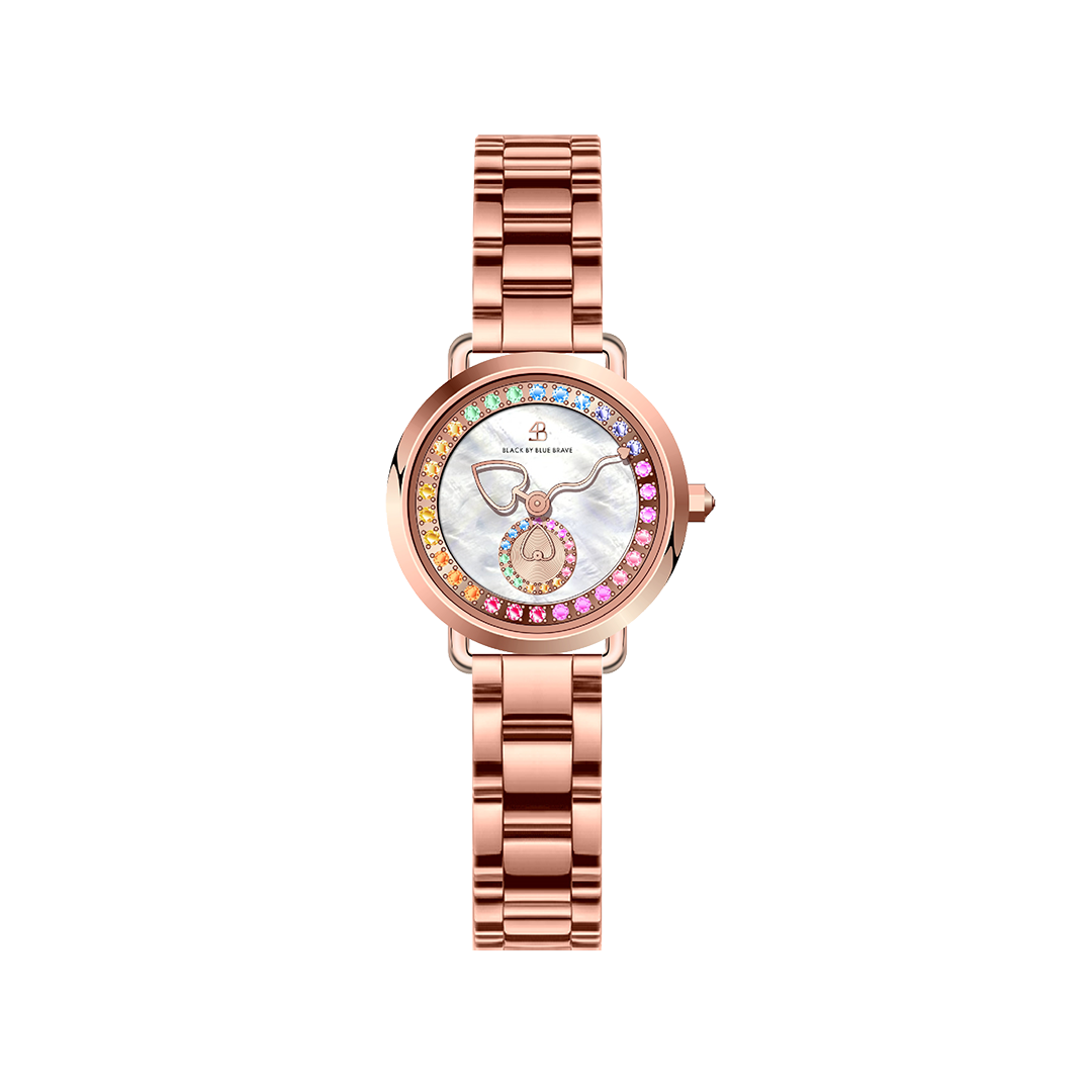 Cupid 28mm White Mother Of Pearl Dial Heart Shaped Hands Rose Gold Bracelet Watch - 4B1192 - front - Black By Blue Brave