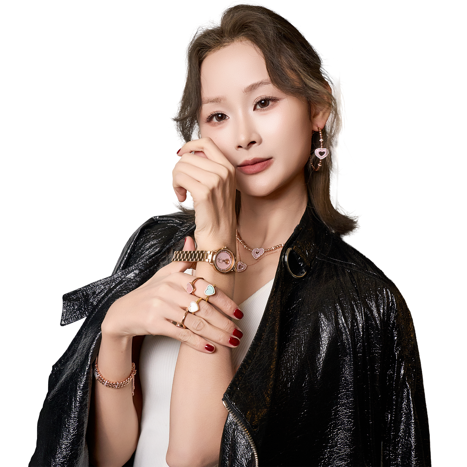 Cupid 28mm Pink Mother Of Pearl Dial Heart Shaped Hands Rose Gold Bracelet Watch - 4B1193 - Model wearing - Black By Blue Brave