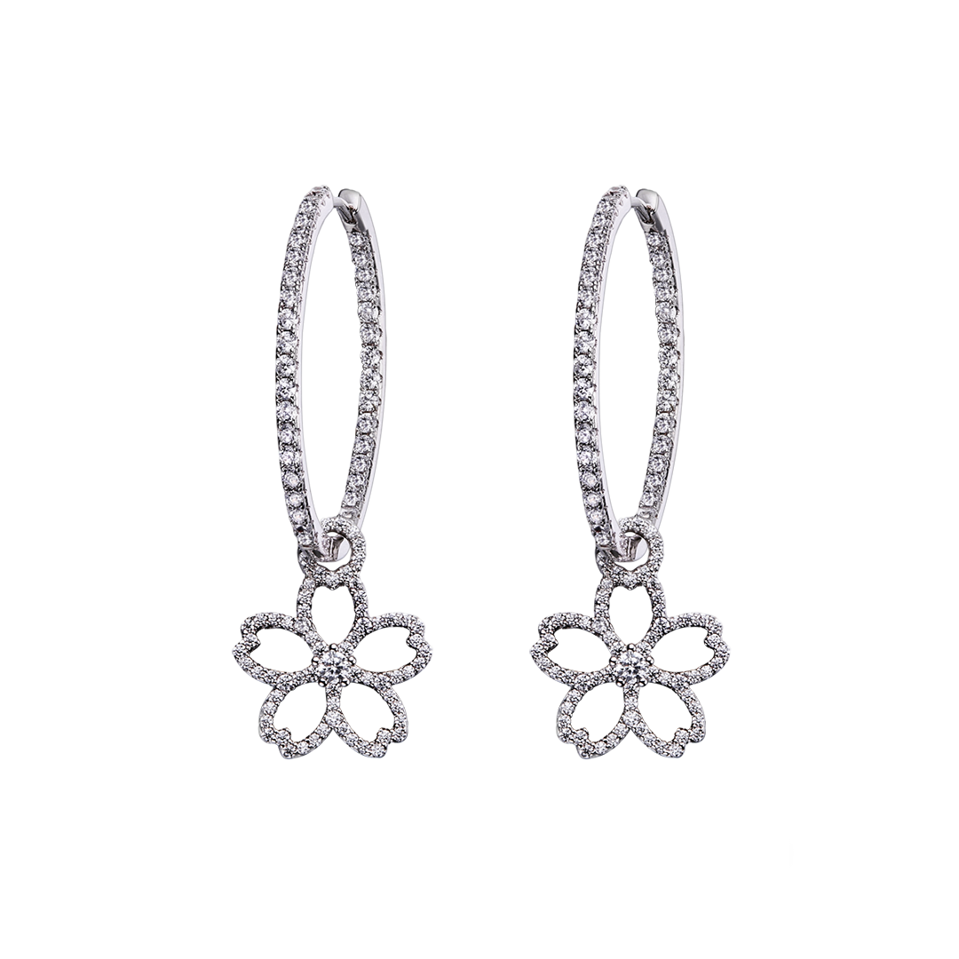 Cherry Blossom Cascade 20mm Sakura Flower Zirconia Silver Earrings (Platinum Plated)