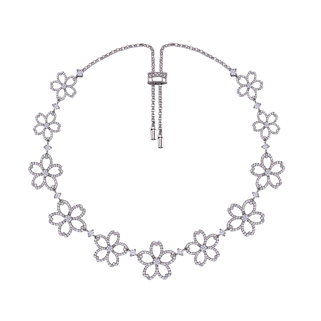 Cherry Blossom Cascade 11-Flower Sakura Zirconia Silver Necklace (Platinum Plated)