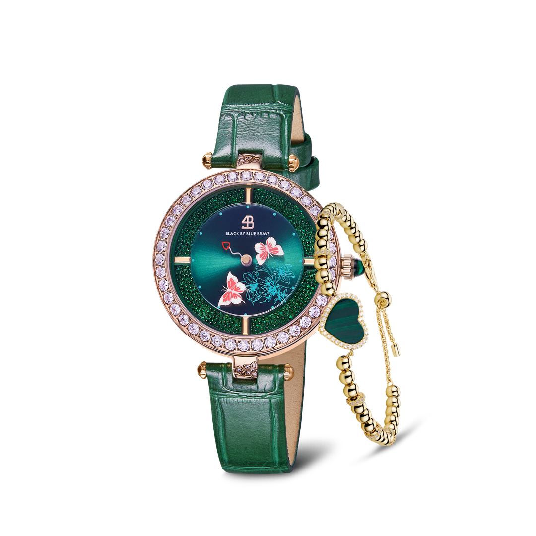 ❤BUHITA❤ Green Butterfly Lovers Watch With Love Heart Malachite Bracelet