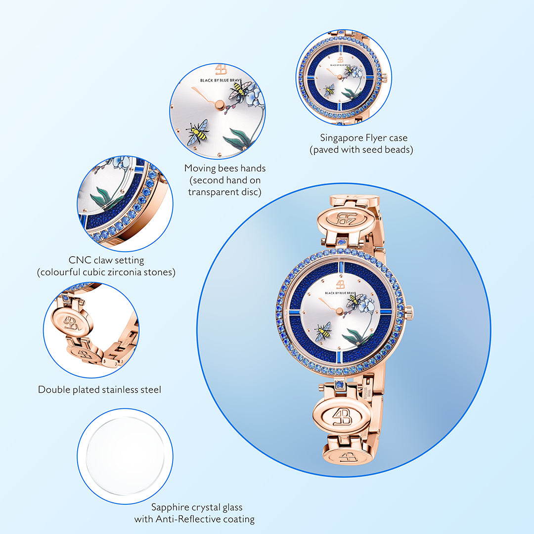 Honey Bee 34mm Blue Dial Moving Bees Rose Gold Bracelet Watch - 4B1291 - packaging - Black By Blue Brave