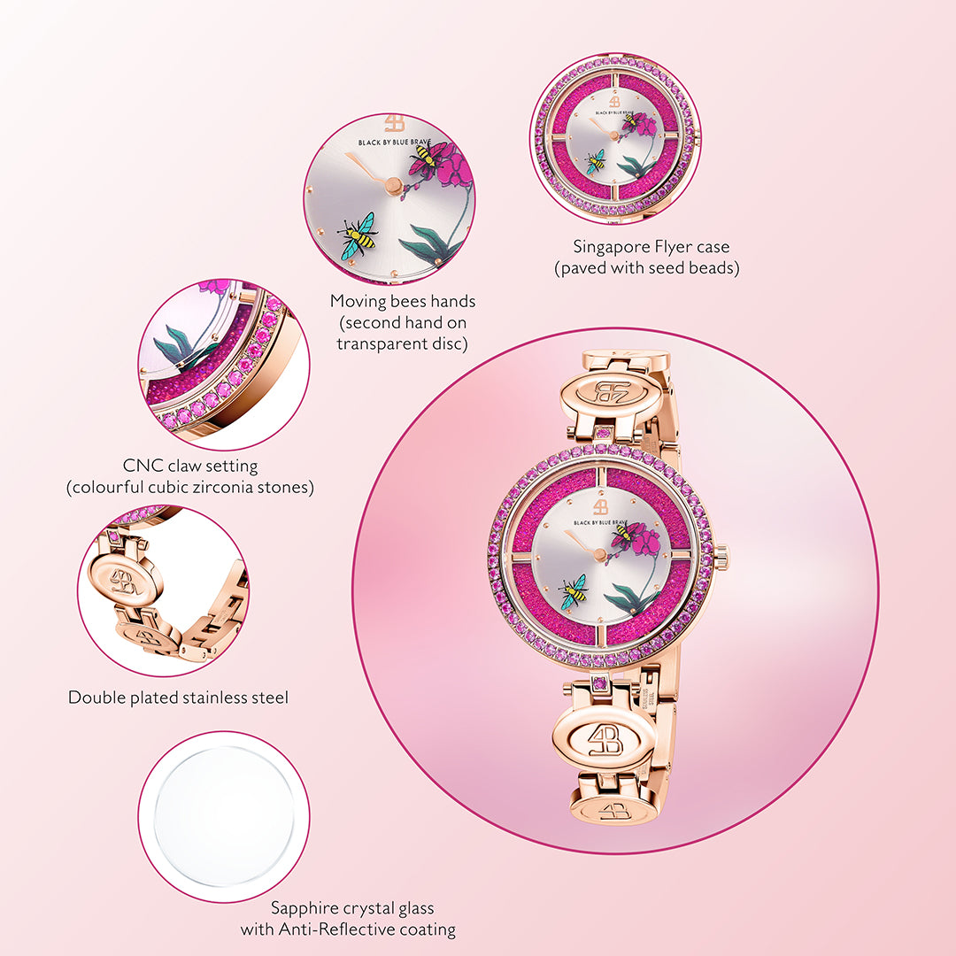 Honey Bee 34mm Ruby Red Dial Moving Bees Rose Gold Bracelet Watch - 4B1292 - packaging - Black By Blue Brave