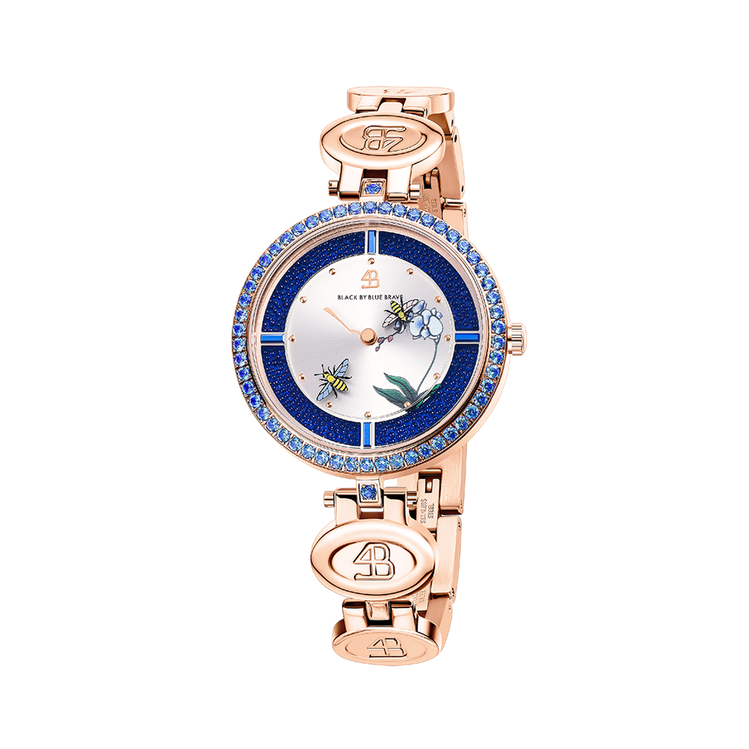 Honey Bee 34mm Blue Dial Moving Bees Rose Gold Bracelet Watch - 4B1291 - front - Black By Blue Brave