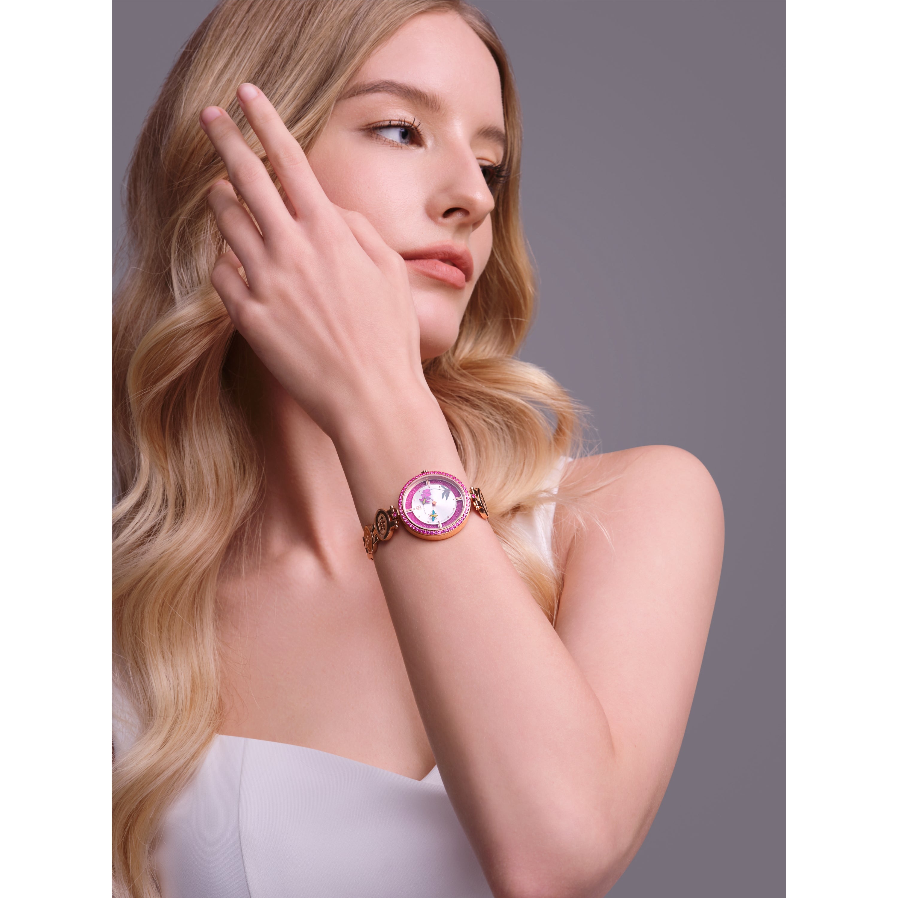 Honey Bee 34mm Ruby Red Dial Moving Bees Rose Gold Bracelet Watch - 4B1292 - Model wearing - Black By Blue Brave