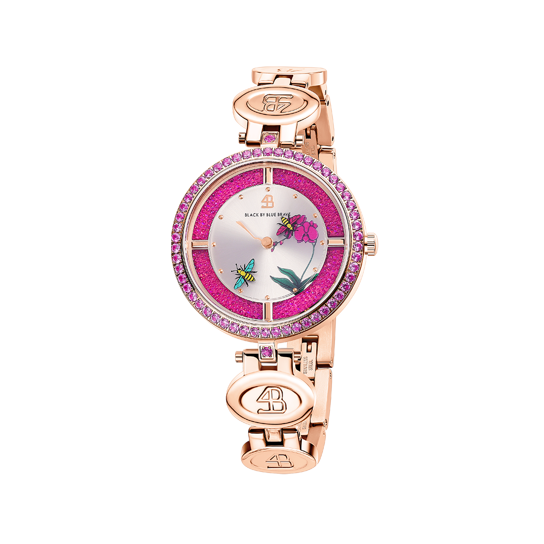 Honey Bee 34mm Ruby Red Dial Moving Bees Rose Gold Bracelet Watch - 4B1292 - front - Black By Blue Brave