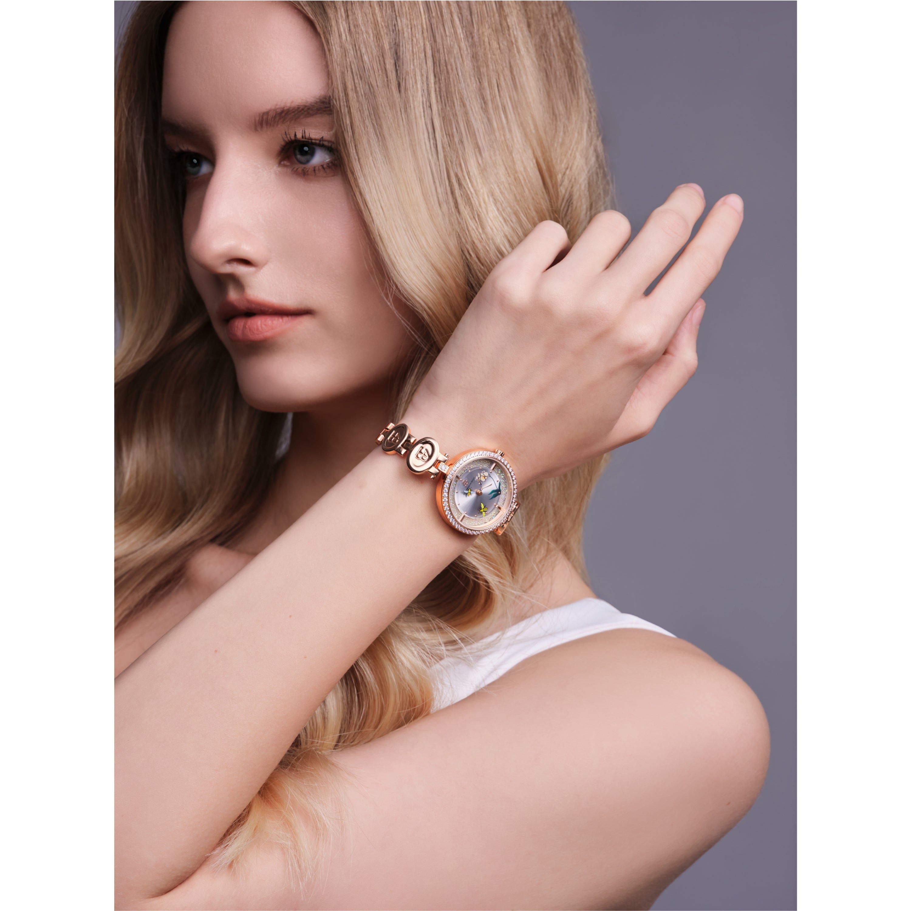 Honey Bee 34mm White Dial Moving Bees Rose Gold Bracelet Watch - 4B1293 - Model wearing - Black By Blue Brave