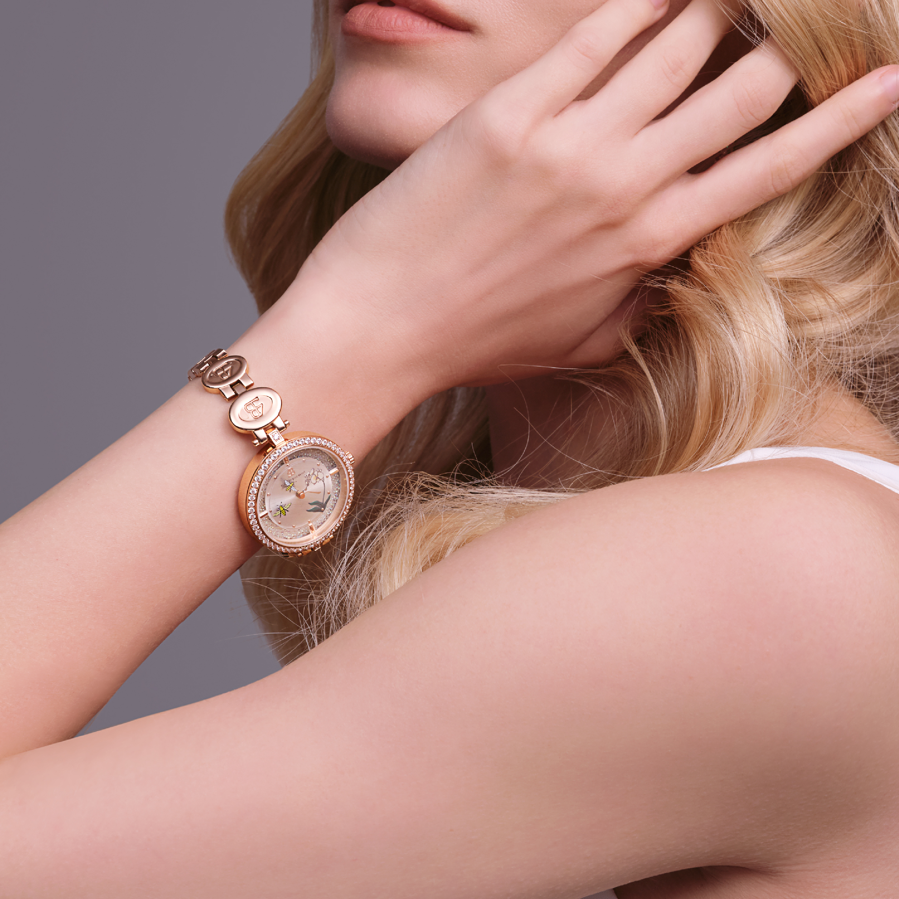 Honey Bee 34mm White Dial Moving Bees Rose Gold Bracelet Watch - 4B1293 - wrist - Black By Blue Brave