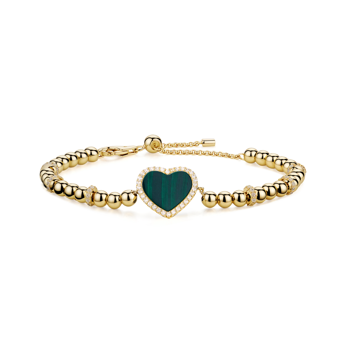 Love Heart Malachite Bracelet 18K Gold Plated - 4B4330 - front - Black By Blue Brave