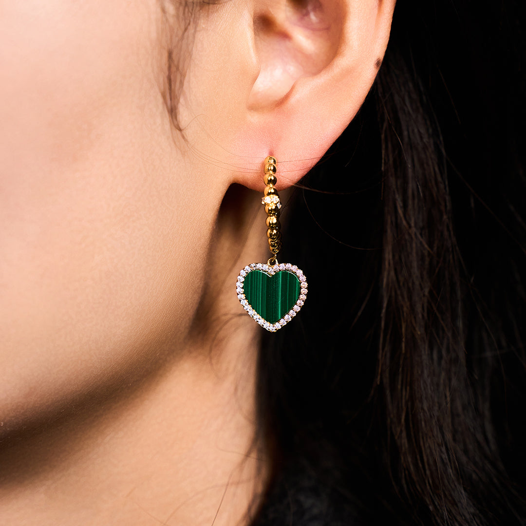 Love Heart Malachite Earrings 18K Gold Plated 20mm - 4B4327 - wear - Black By Blue Brave