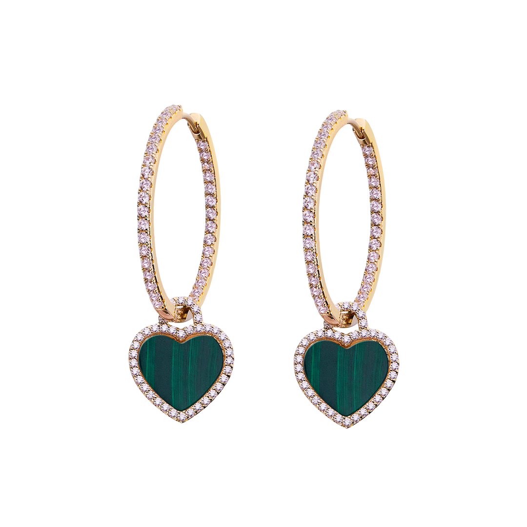 Love Heart Malachite Earrings 18K Gold Plated 45mm - 4B4328 - front - Black By Blue Brave