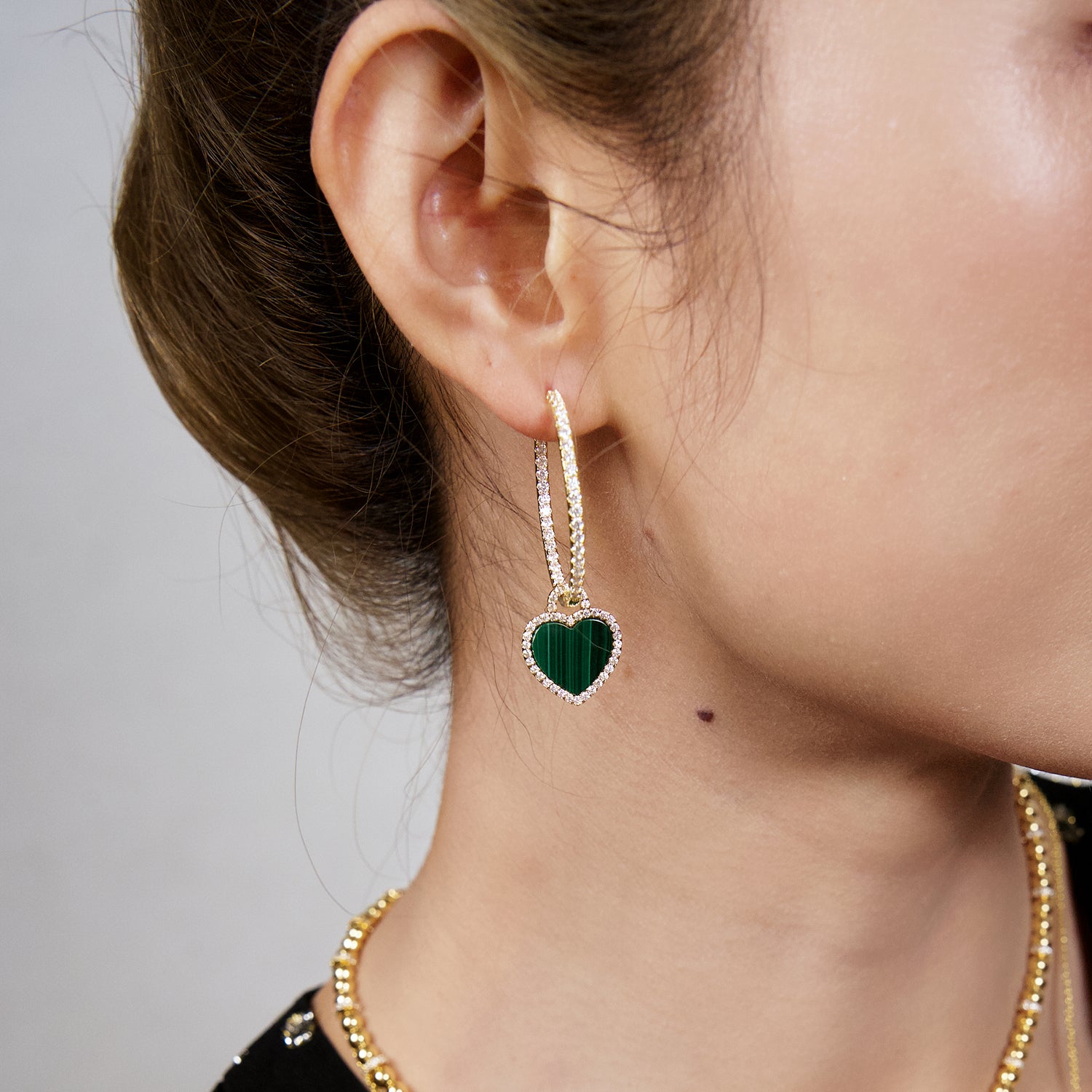 Love Heart Malachite Earrings 18K Gold Plated 45mm - 4B4328 - wear  - Black By Blue Brave