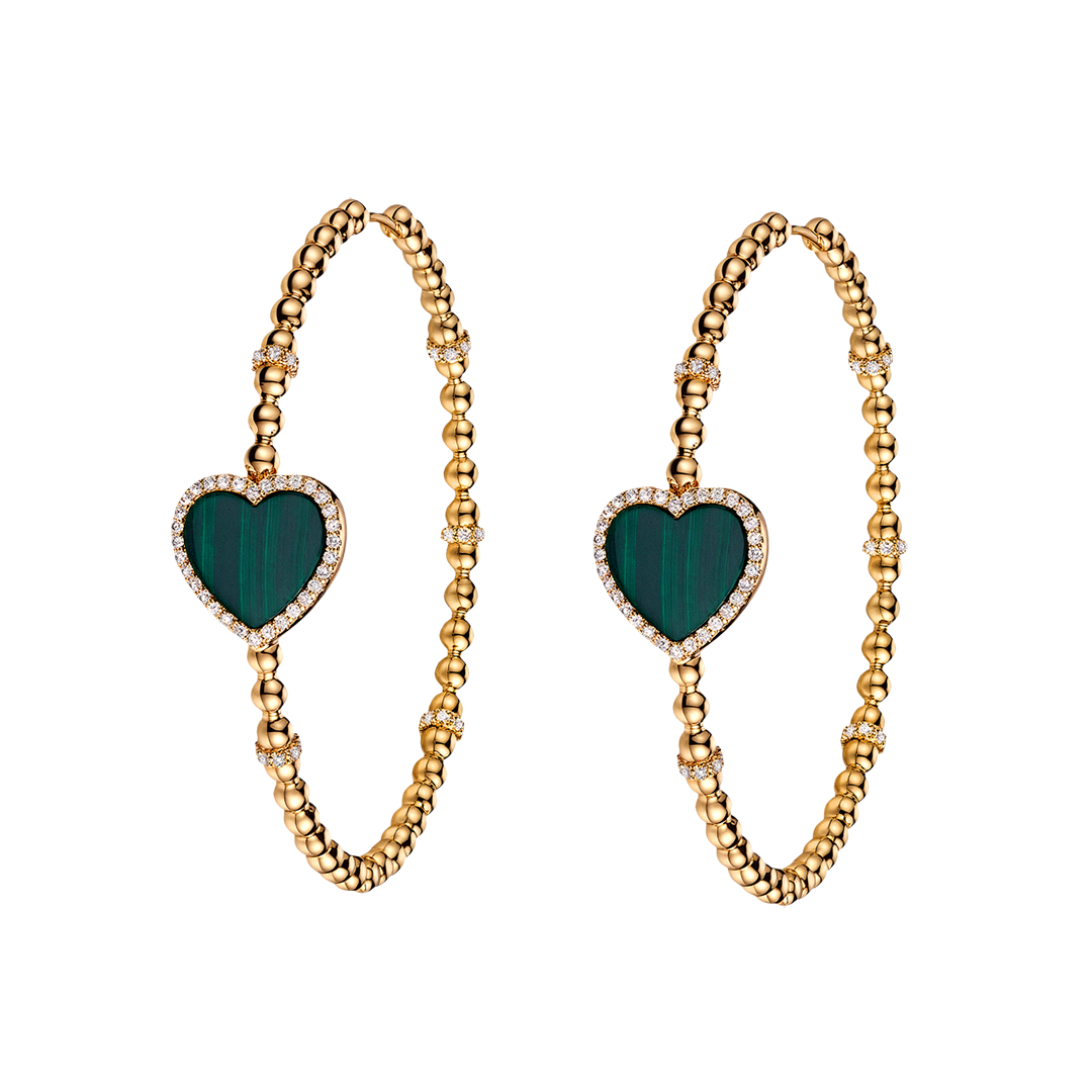 Love Heart Malachite Earrings 18K Gold Plated 45mm - 4B4329 - front - Black By Blue Brave