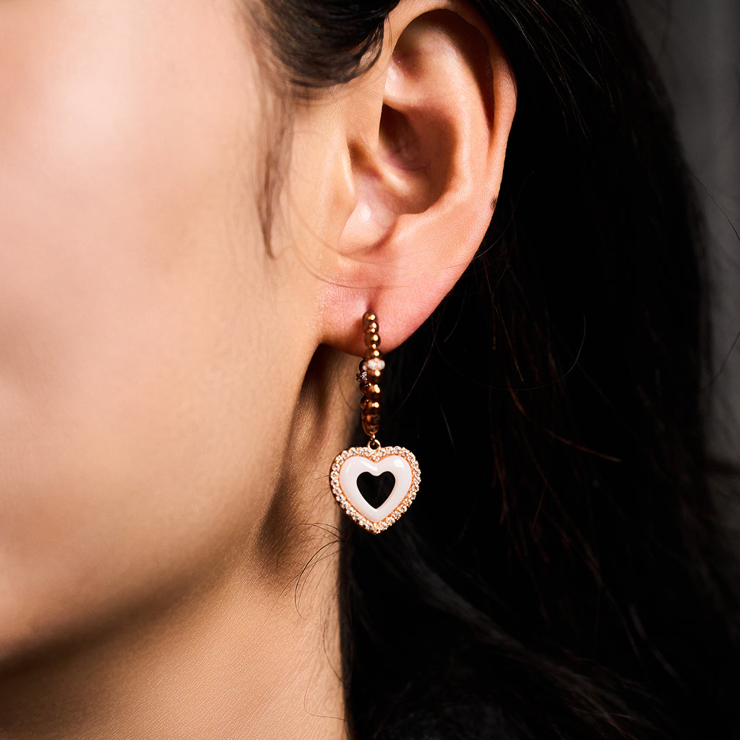 Love Heart White Ceramic Earrings 18K Rose Gold Plated 20mm - 4B4333 - wear - Black By Blue Brave