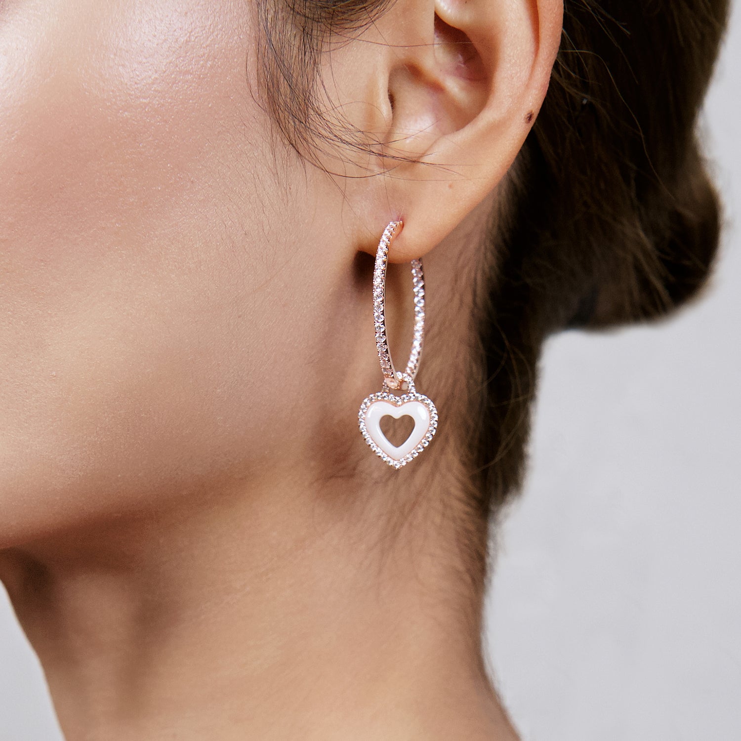 Love Heart White Ceramic Earrings 18K Rose Gold Plated 35mm - 4B4334 - wear  - Black By Blue Brave