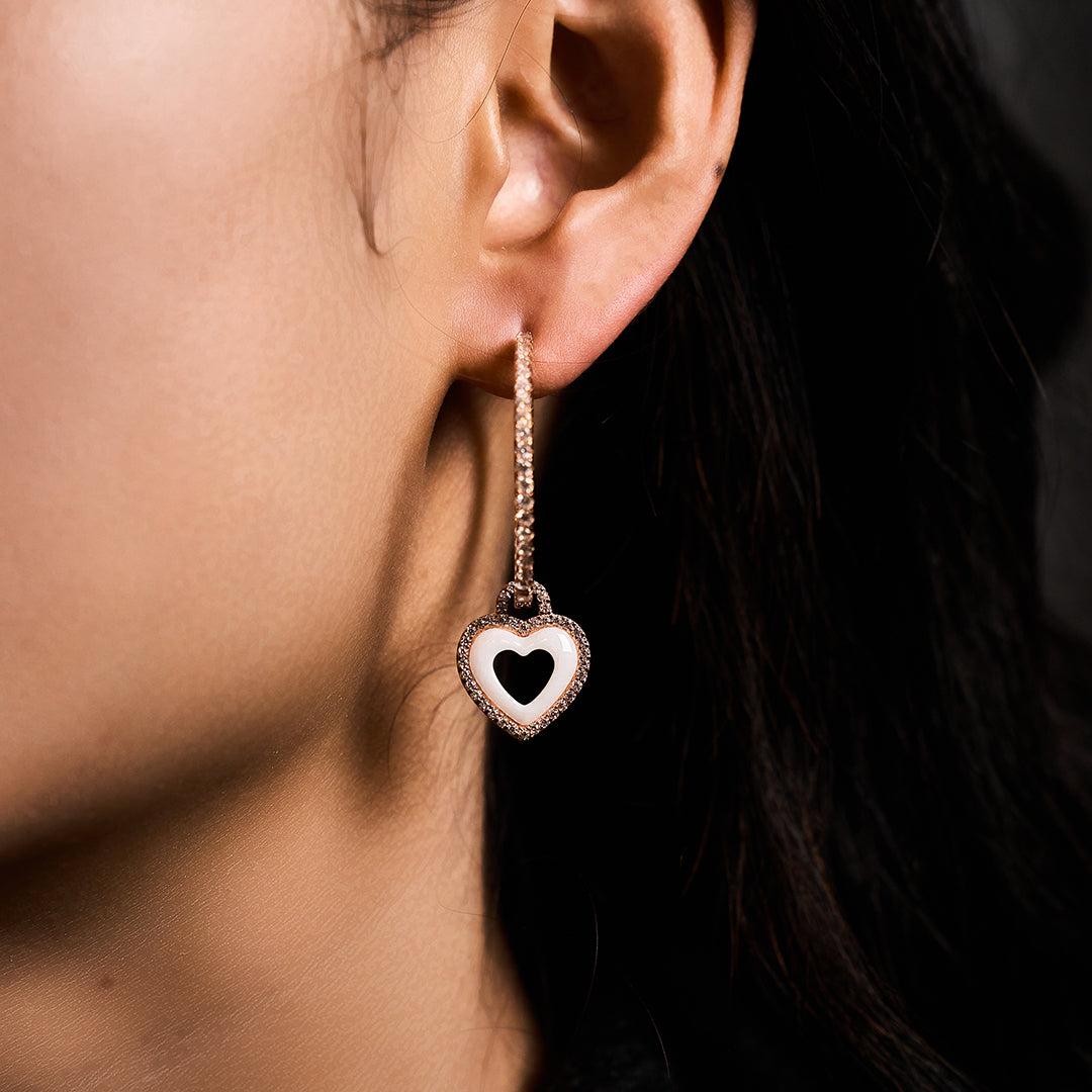 Love Heart White Ceramic Earrings 18K Rose Gold Plated 35mm - 4B4334 - wear - Black By Blue Brave
