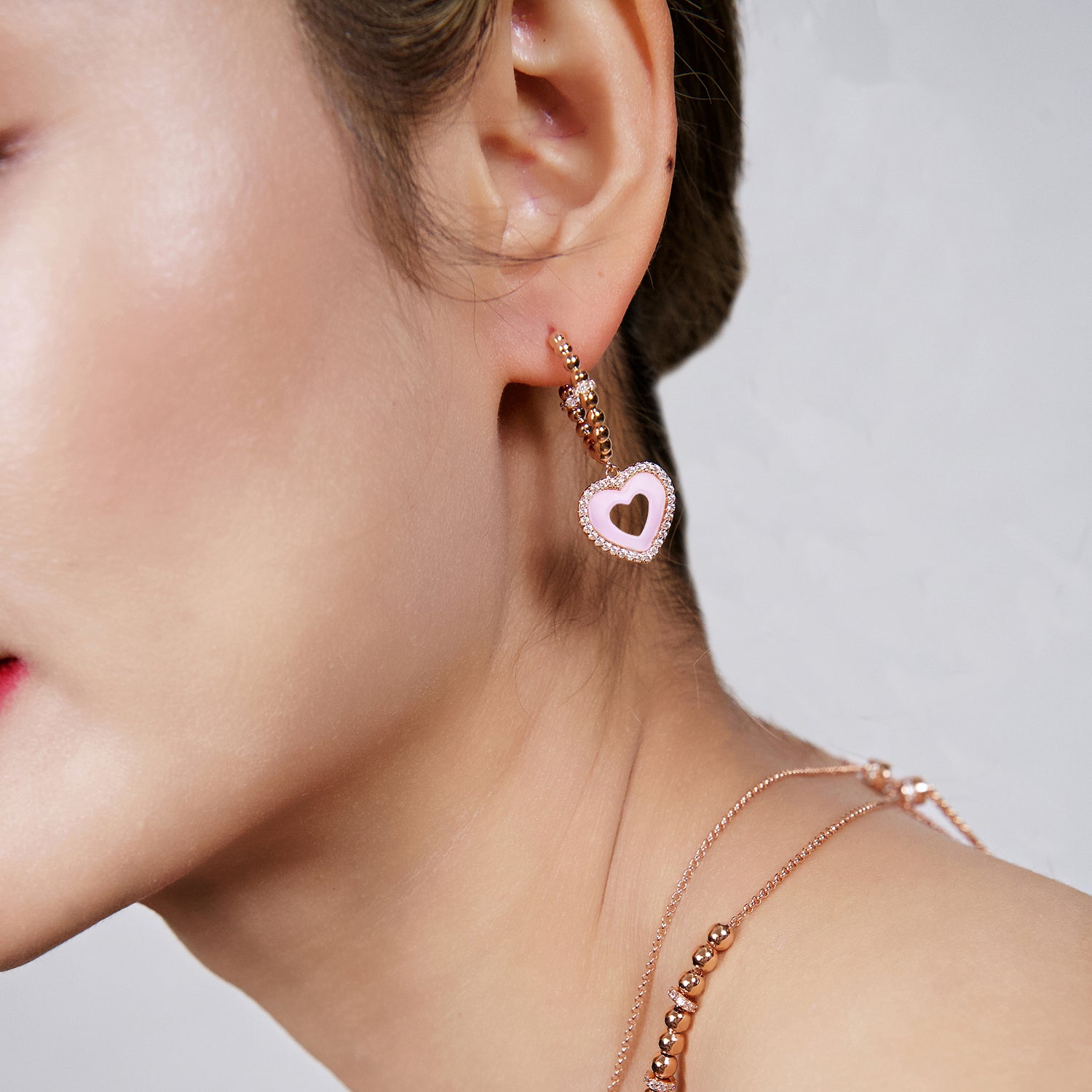 Love Heart Pink Ceramic Earrings 18K Rose Gold Plated 20mm - 4B4339 - wear  - Black By Blue Brave