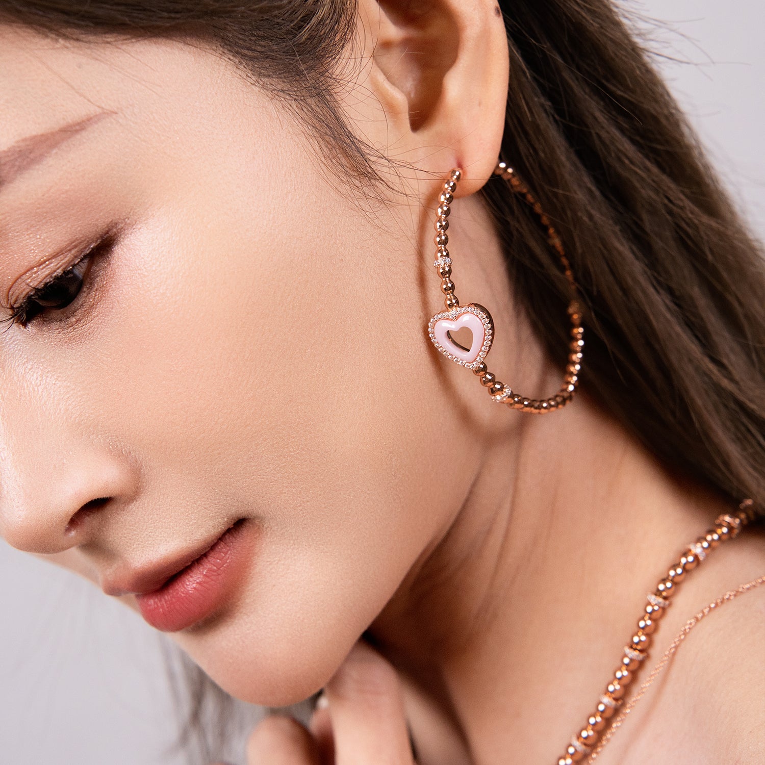 Love Heart Pink Ceramic Earrings 18K Rose Gold Plated 45mm - 4B4341 - wear  - Black By Blue Brave