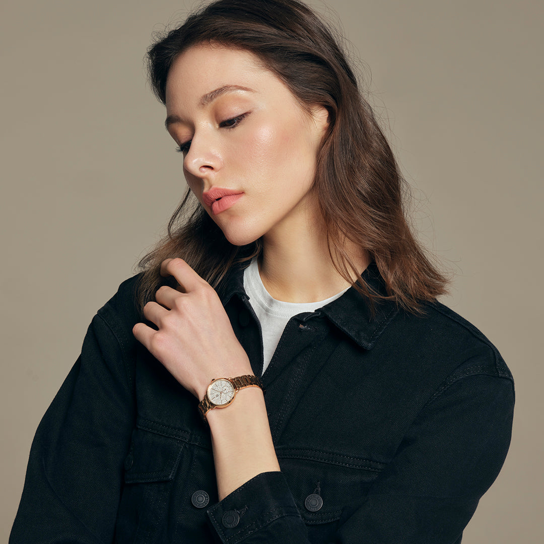 Lucky Star 28mm White Crystal Dial Rosegold Bracelet Watch - 4B2711 - Model wearing - Black By Blue Brave