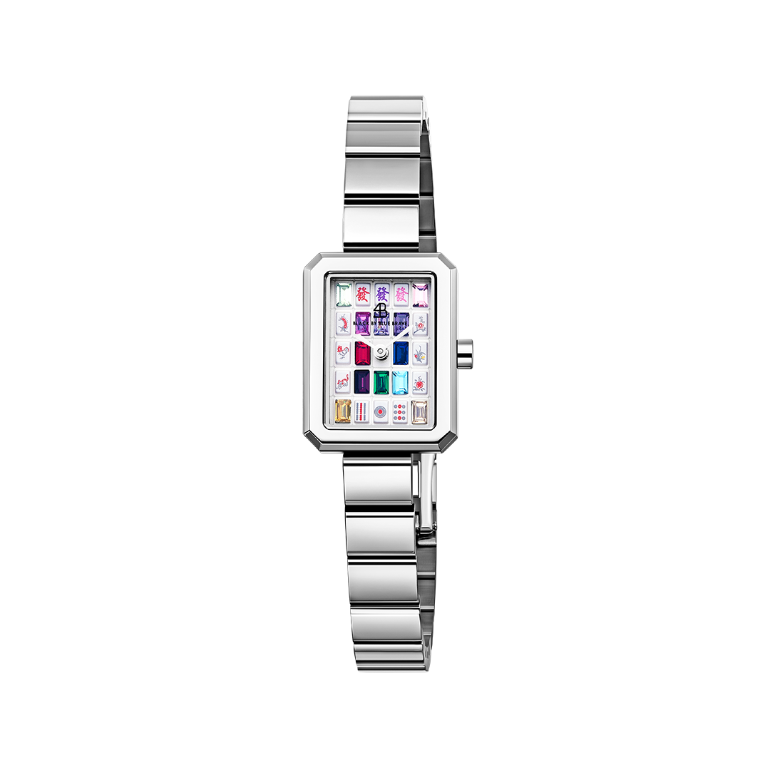 Mahjong 20*26mm Rainbow Crystal Dial Silver Bracelet Watch - 4B1310 - front - Black By Blue Brave