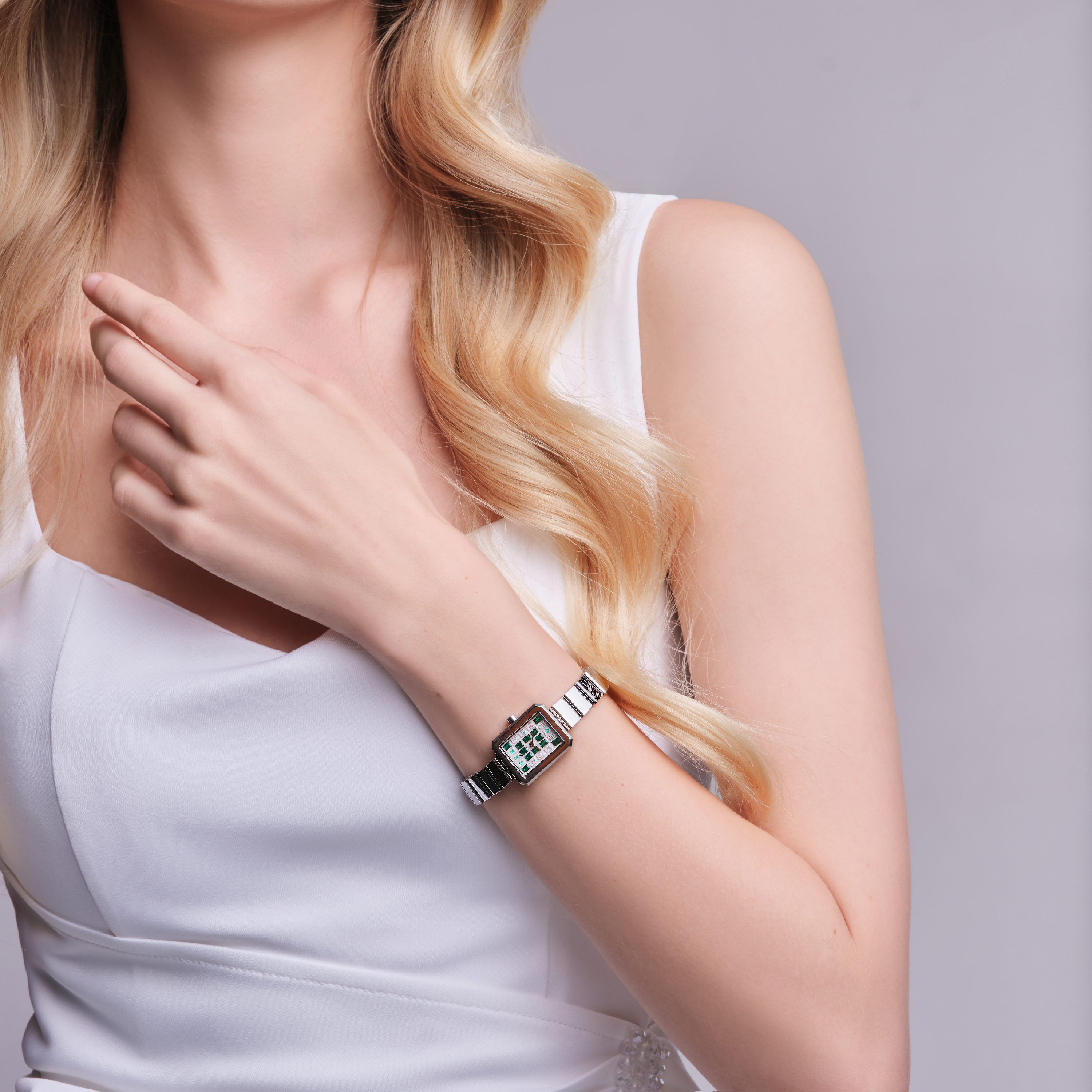 Mahjong 20*26mm Green Crystal Dial Silver Bracelet Watch - 4B1311 - Model wearing - Black By Blue Brave