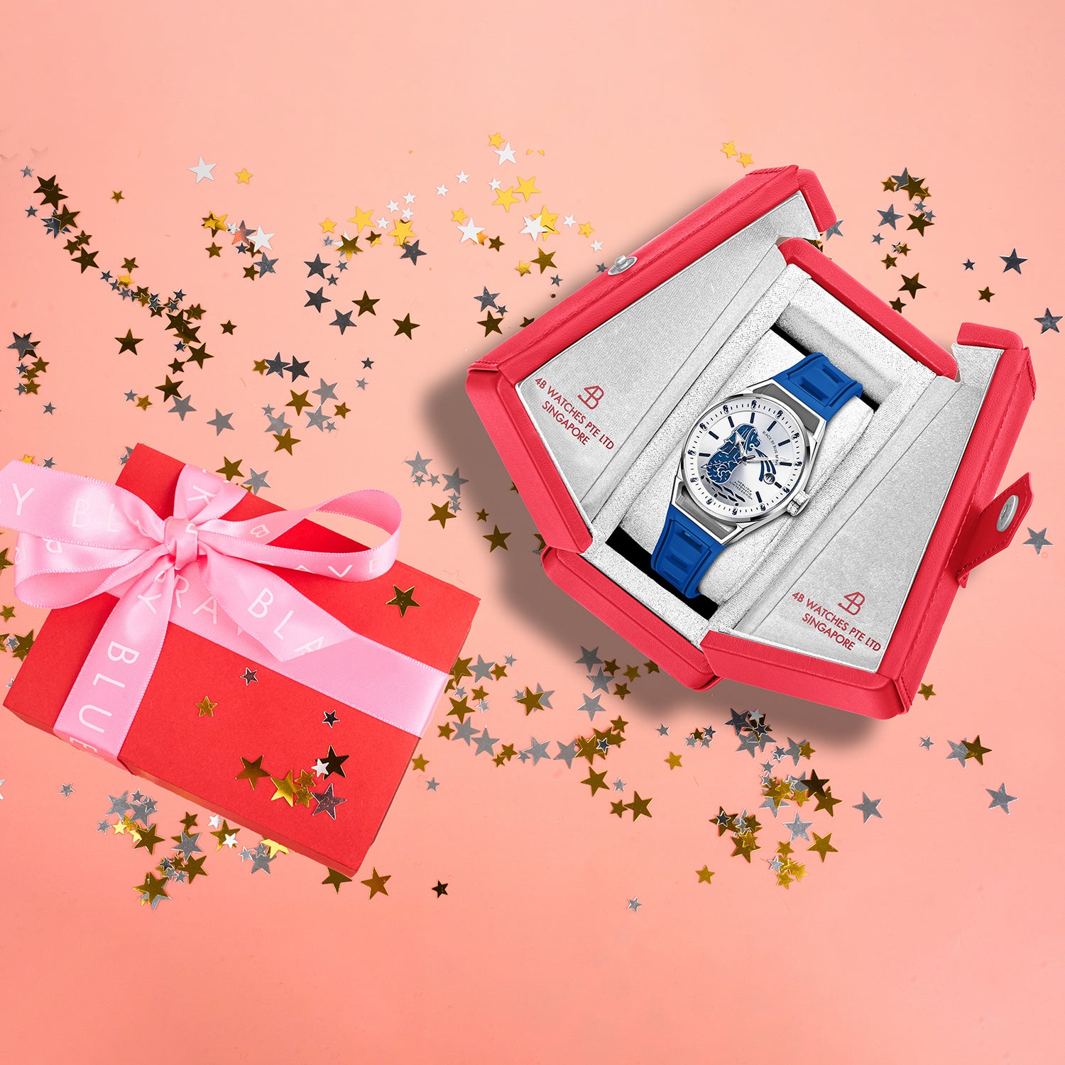 Merlion II 41mm Silver Merlion Dial Blue Silicon Strap Automatic Watch - 4B8304 - Gift Box - Black By Blue Brave