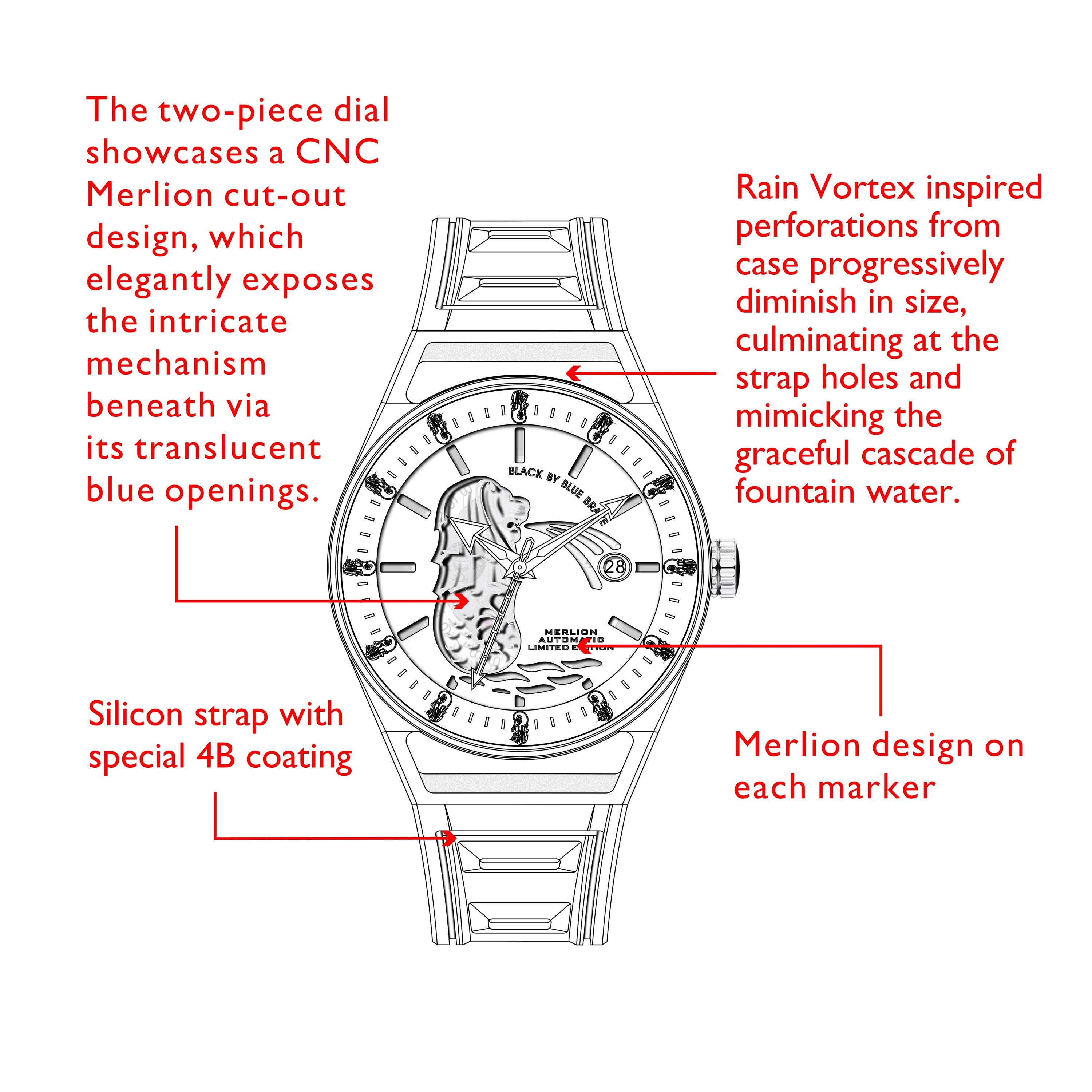 Merlion II 41mm Silver Merlion Dial Blue Silicon Strap Automatic Watch - 4B8304 - Selling point map - Black By Blue Brave