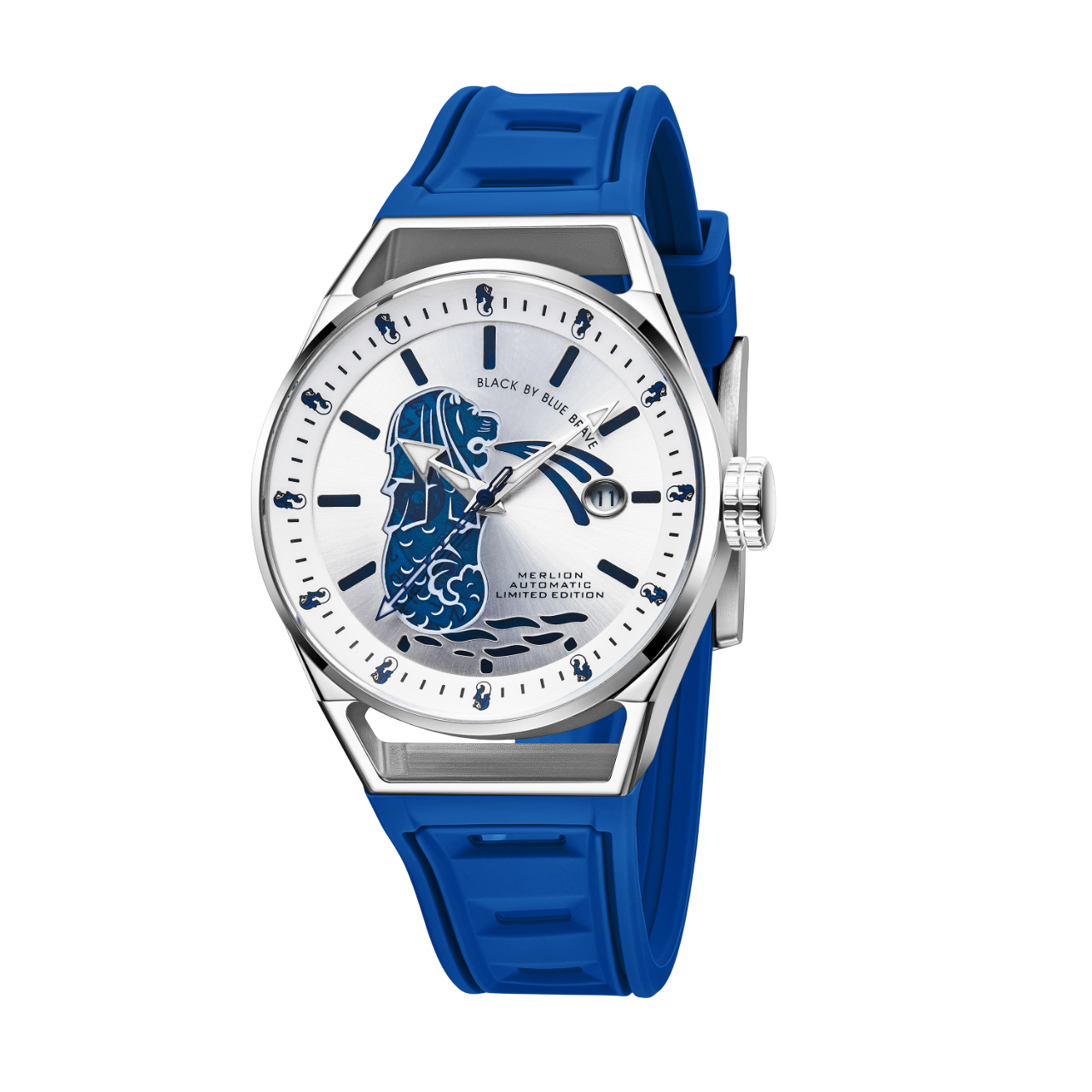Merlion II 41mm Silver Merlion Dial Blue Silicon Strap Automatic Watch - 4B8304 - front - Black By Blue Brave